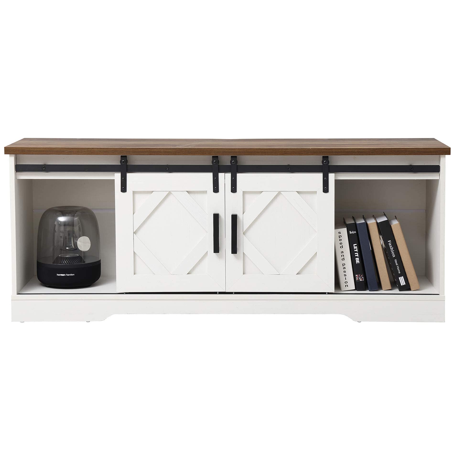 WAMPAT 65 Inch Farmhouse Sliding Barn Door TV Stand - Modern Wood Media Console with 3 Adjustable Shelves, Storage Cabinet for Living Room - White/Oak Finish - Perfect for Home Theater & Entertainment Setup