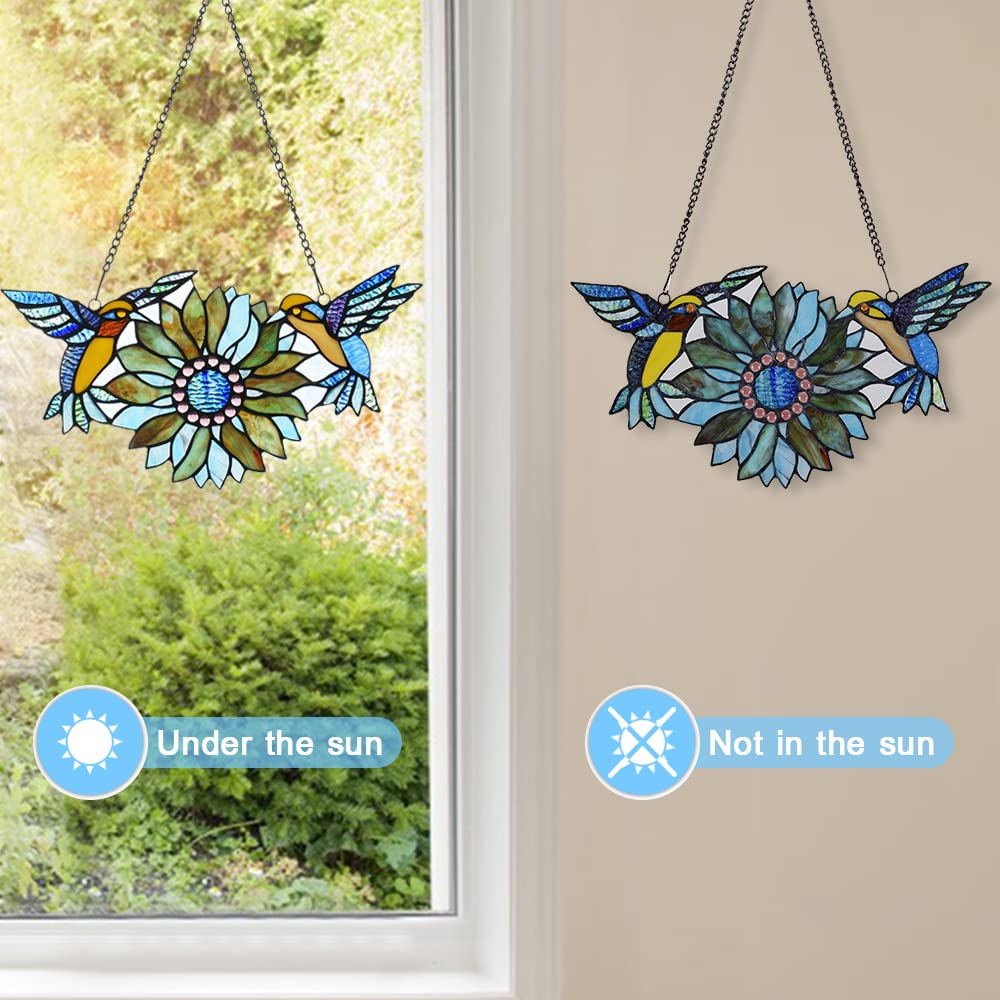 Stunning Sunflower & Hummingbird Stained Glass Suncatcher - Handcrafted Mother's Day Gift, Home Window Hanging Decor for Bird Lovers - Perfect for Living Room, Bedroom, or Garden Decorations