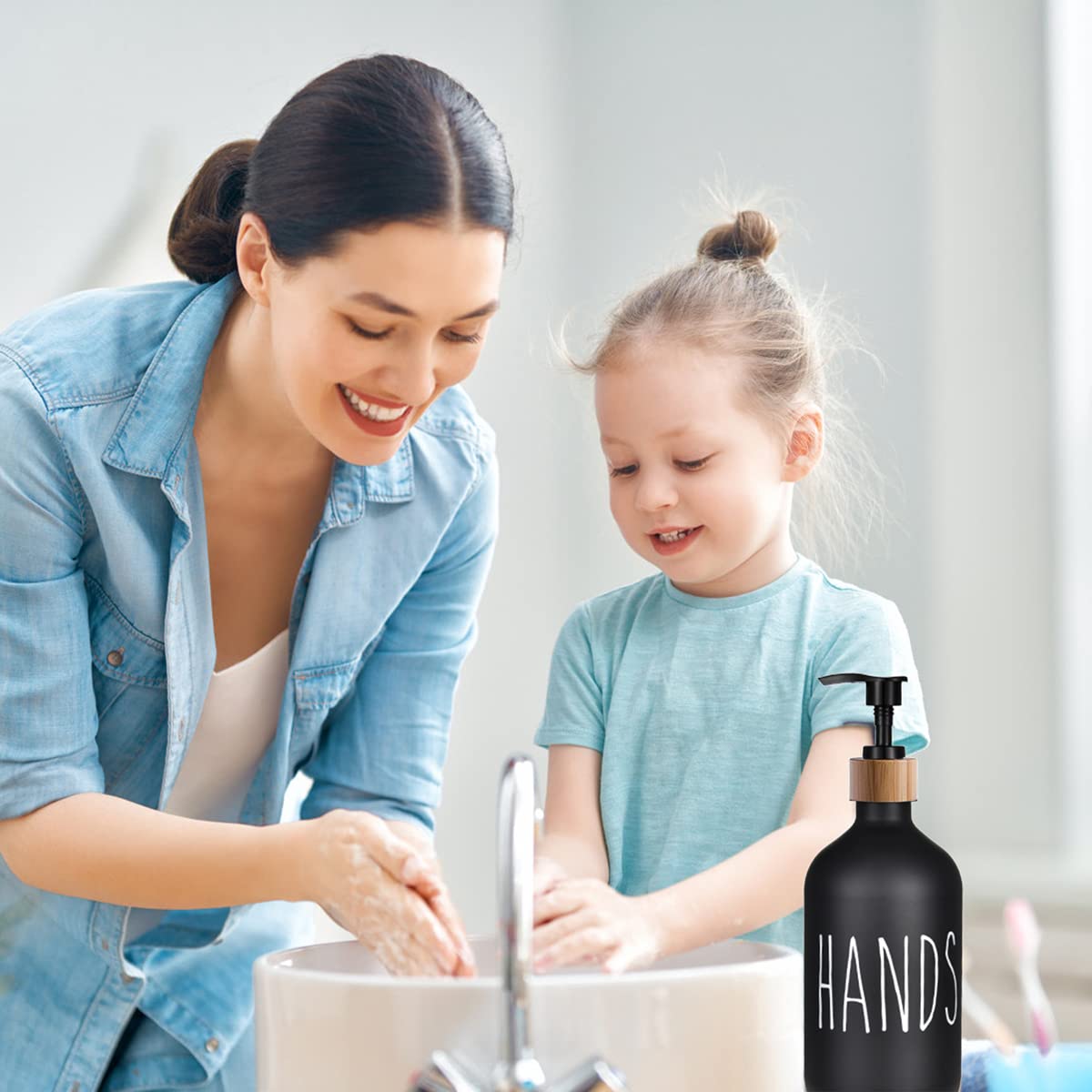 Black Bamboo Soap Dispenser Set of 2 - 16 oz Kitchen Sink Soap Dispenser with Pump - Farmhouse Hand Soap Dispenser for Kitchen & Bathroom - Perfect for Farmhouse Decor & Modern Home Use