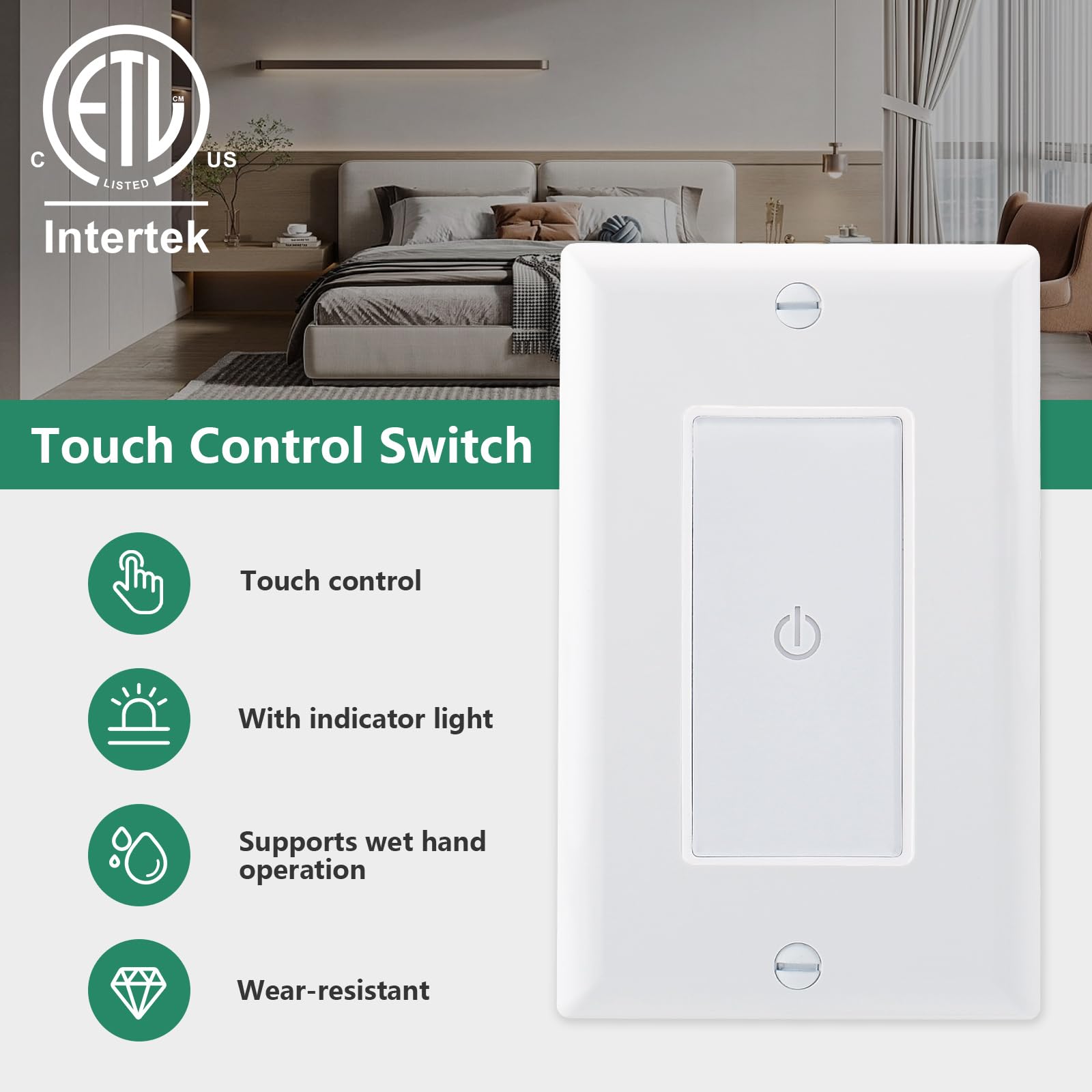 Wengart 1Pack White ETL Listed Capacitive Touch Light Switch with LED Indicator - Compatible with 480W Tungsten/Incandescent & 150W LED Bulbs - Perfect for Bedroom, Living Room, and Office Lighting Control
