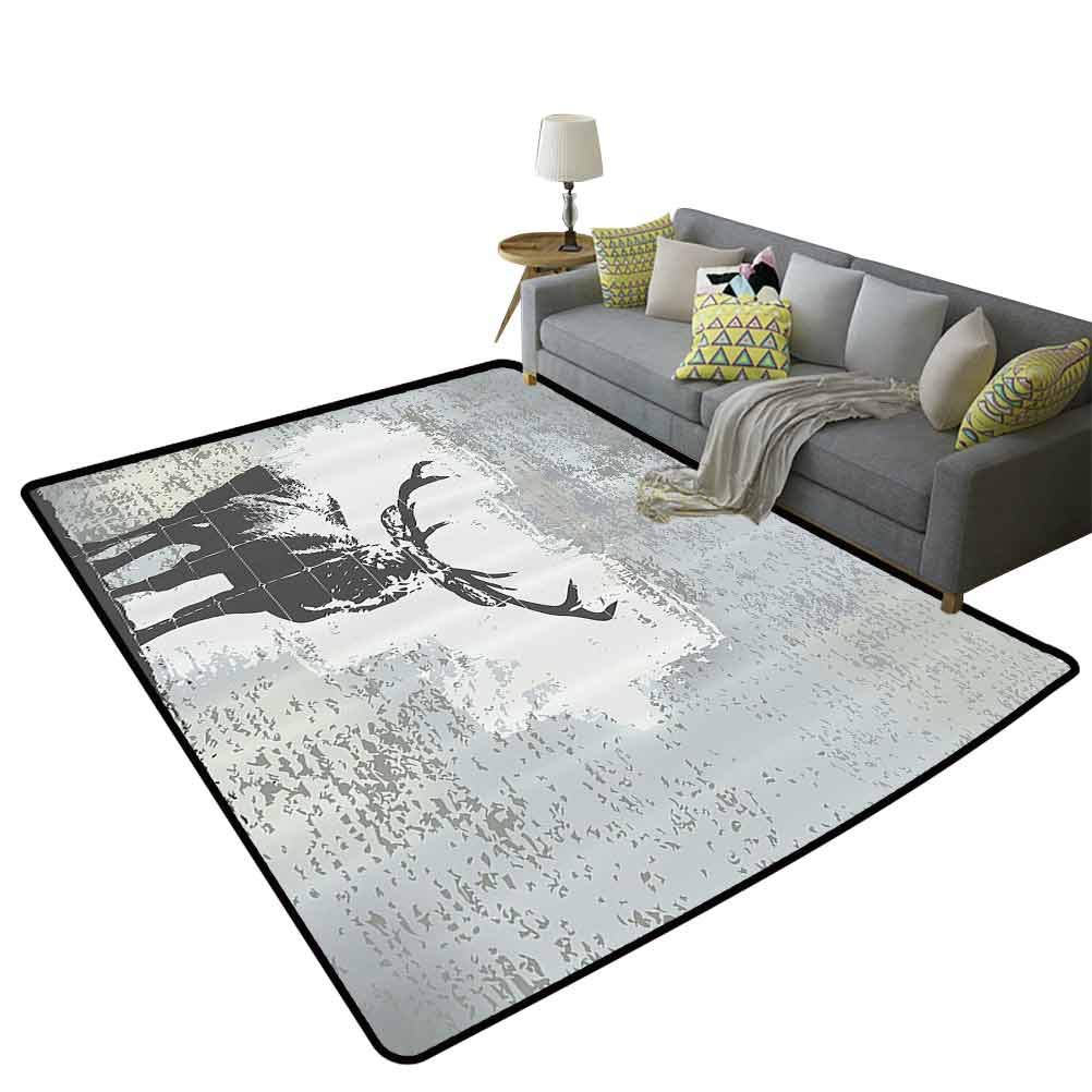 Antlers Decor Flexible Rug - Standing Stag Silhouette Grunge Style Monochrome Illustration - 4'x6' (120x180cm) Grey Black - Unique Gifts for Men - Perfect for Living Room, Bedroom, or Cabin Decor