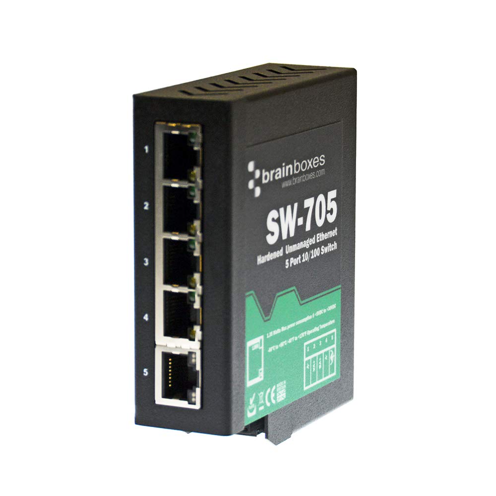 Brainboxes 5 Port Unmanaged Ethernet Switch - Industrial-Grade DIN Rail Mount Network Switch for Factory Automation & Harsh Environments