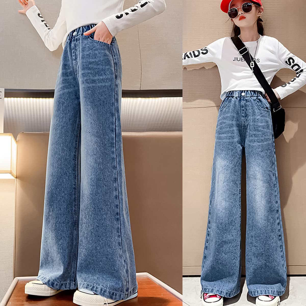 Girls' Baggy Wide Leg Jeans - Stretchy Elastic Waist, Distressed Washed Denim Pants for Kids Age 5-14 - Perfect for School, Playdates & Casual Outfits
