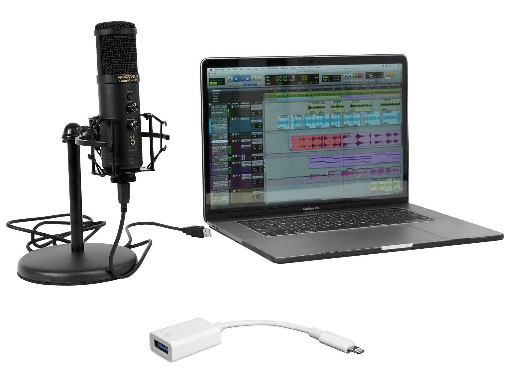 Rockville Solo-Cast Pro USB Microphone for PC/Mac - Professional Streaming, Podcasting & Zoom Meetings Bundle with iUSB USB-A to Lightning Adapter for iPhone/iPad (Perfect for Home Studio, Gaming & Online Classes)
