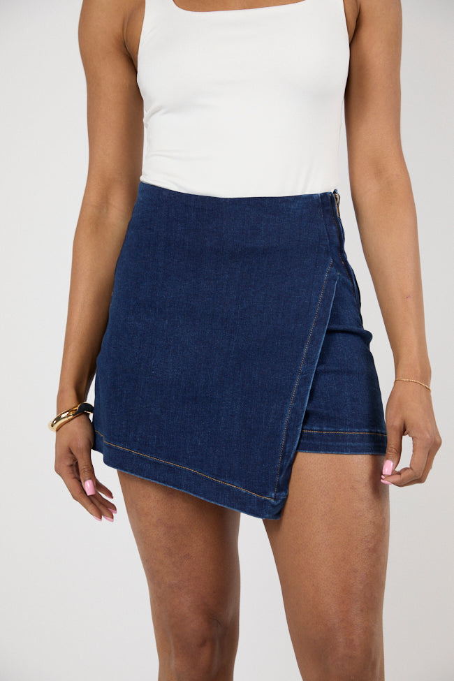 Stylish Dark Wash Denim Skort for Women - Comfortable Stretch Denim Skirt Shorts Hybrid - Perfect for Casual Outings, Work & Date Nights