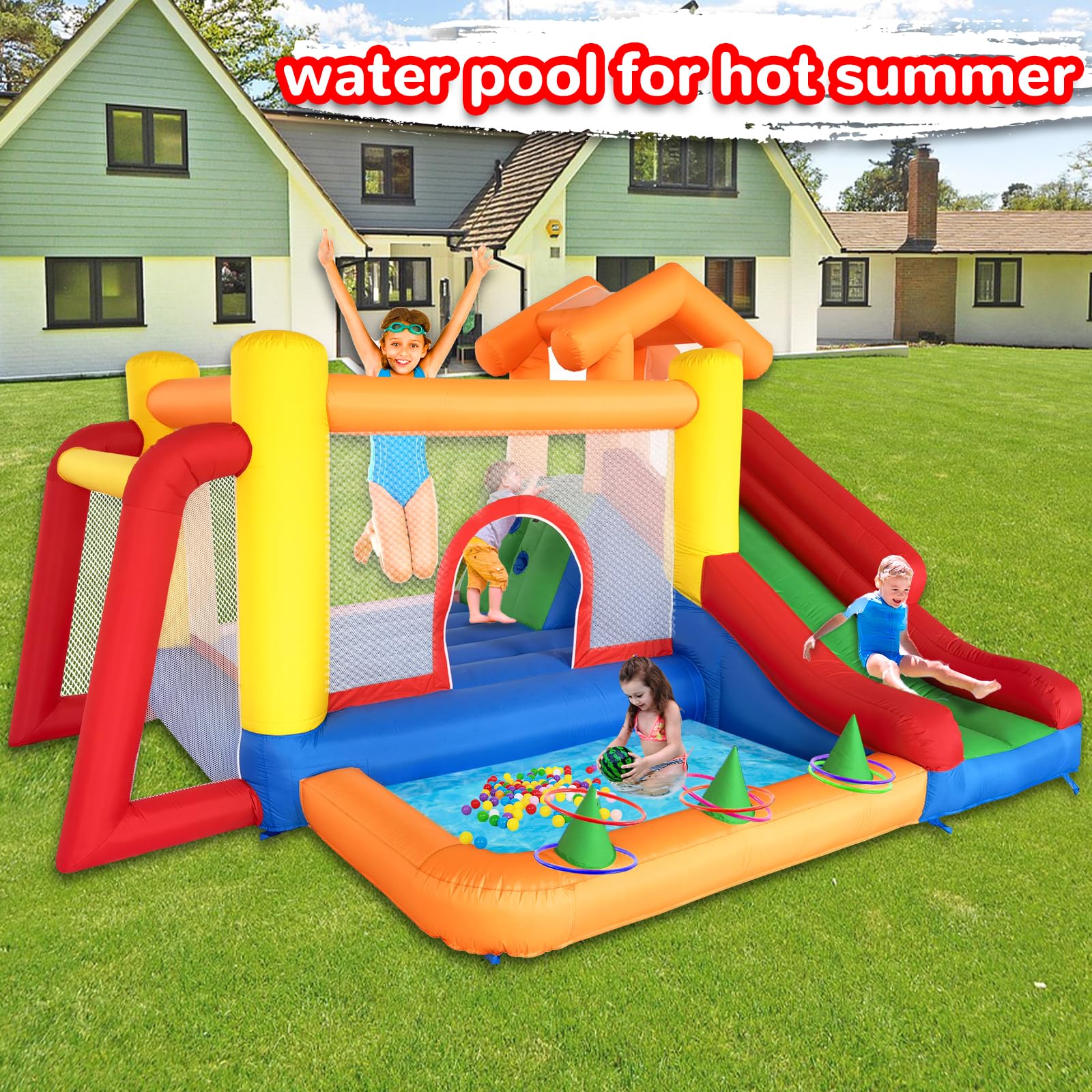 Baralir 6-in-1 Inflatable Bounce House with Slide, Ball Pit, Trampoline, Climbing Wall, Water Pool, Soccer Goal & Basketball Hoop - Kids Outdoor Play Center with Air Blower - Perfect for Birthday Parties, Backyard Fun & Summer Water Games