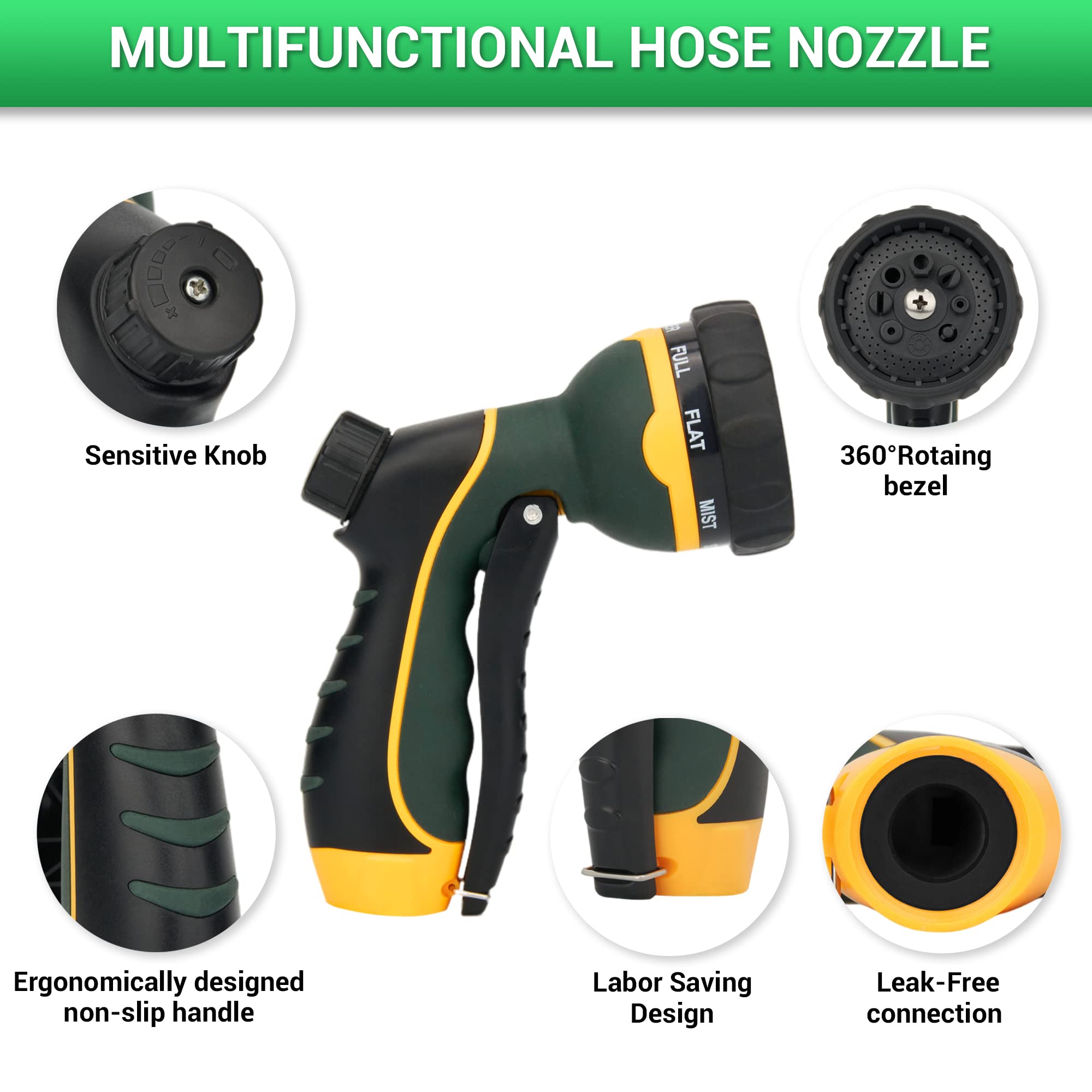 NGreen Heavy Duty Garden Hose Nozzle - 8 Adjustable Water Spray Patterns, Ergonomic Non-Slip Grip for Plants, Pet Bathing, Car Washing & Outdoor Cleaning (Green) | Perfect for Lawns, Gardens, Driveways & Patio Maintenance