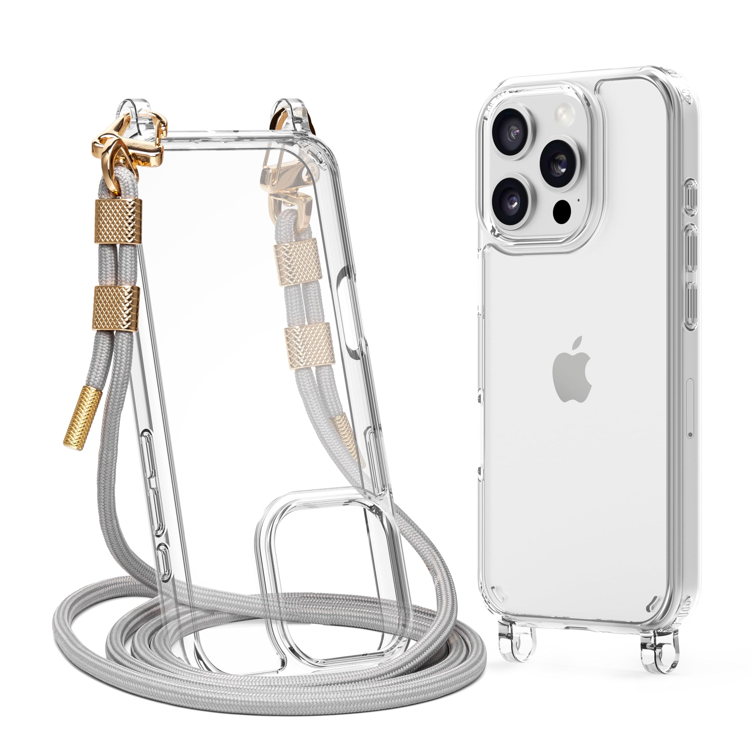 Shockproof Clear iPhone 16 Pro Case with Adjustable Crossbody Strap & Lanyard - Protective Slim Fit Grey Phone Cover for Women Men - Perfect for Travel, Gym, Shopping & Outdoor Activities