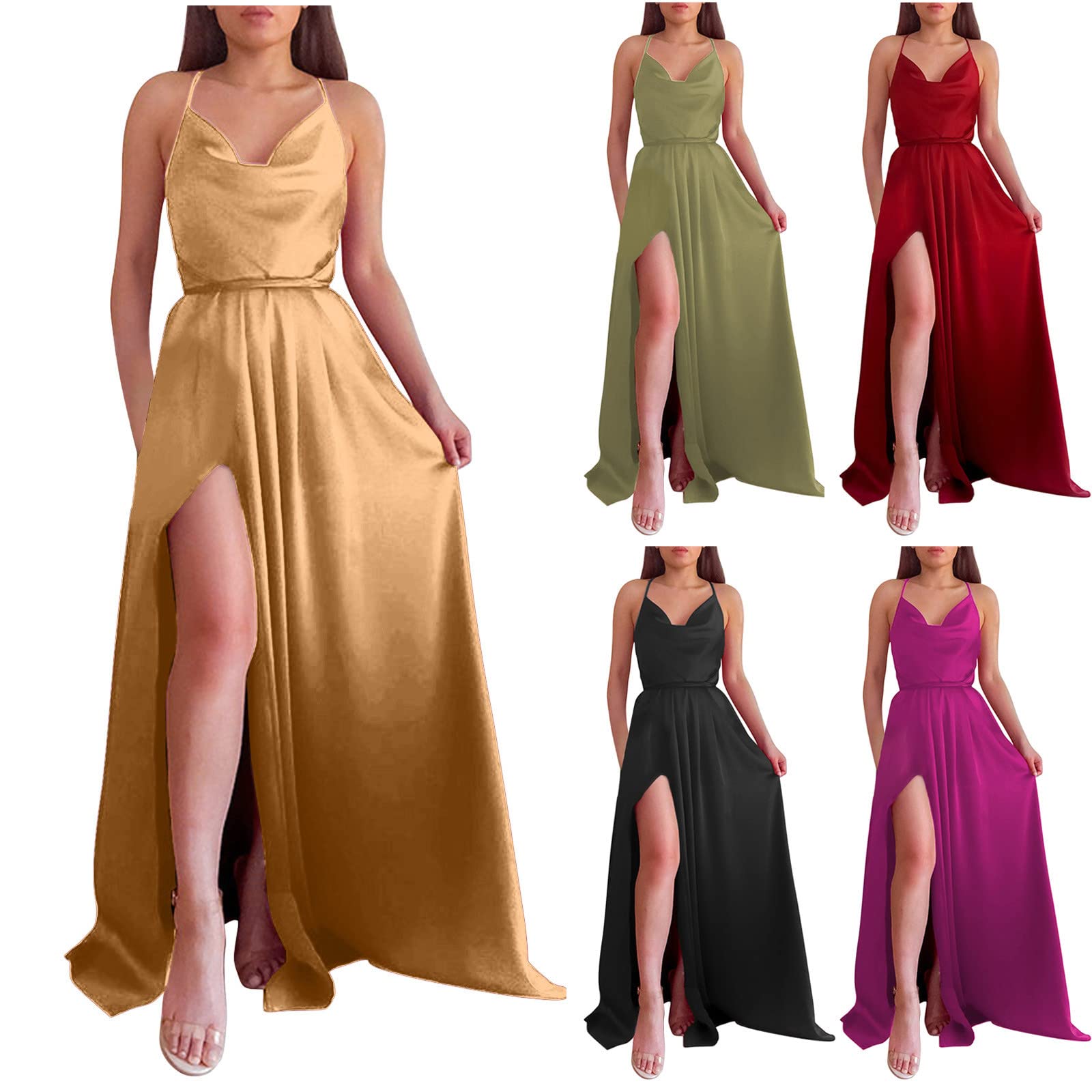 SUNSHUI Women's Sexy Halter Neck Satin Maxi Dress with Side Slit - Slim Fit Wedding Guest, Party & Ball Gown - Elegant Evening Dress for Prom, Cocktail, Formal Events