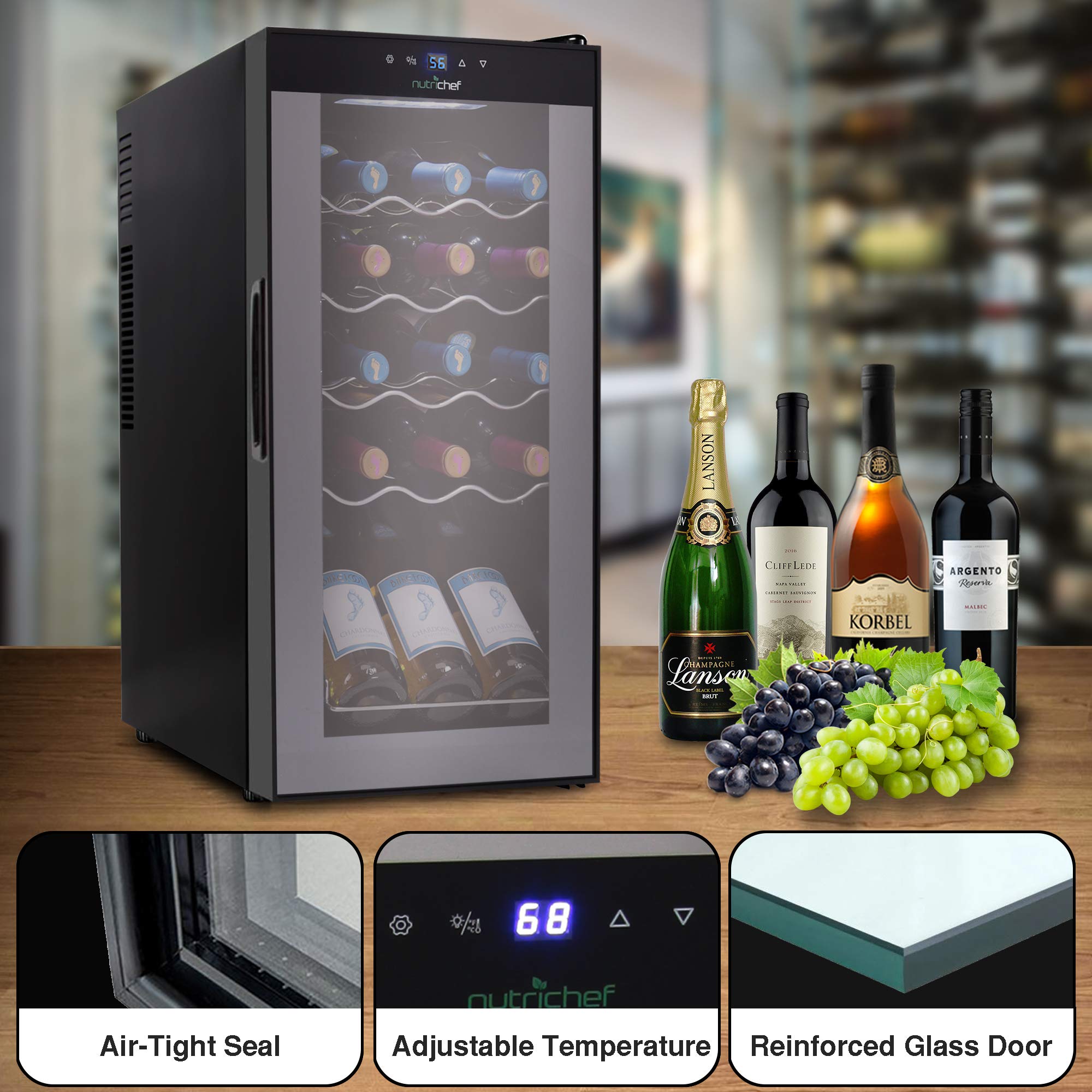 NutriChef 15-Bottle Compact Wine Cooler - Freestanding Mini Refrigerator with Digital Touch Control, Glass Door & Quiet Operation - Perfect for Home, Office, or Bar (Black, White & Red)