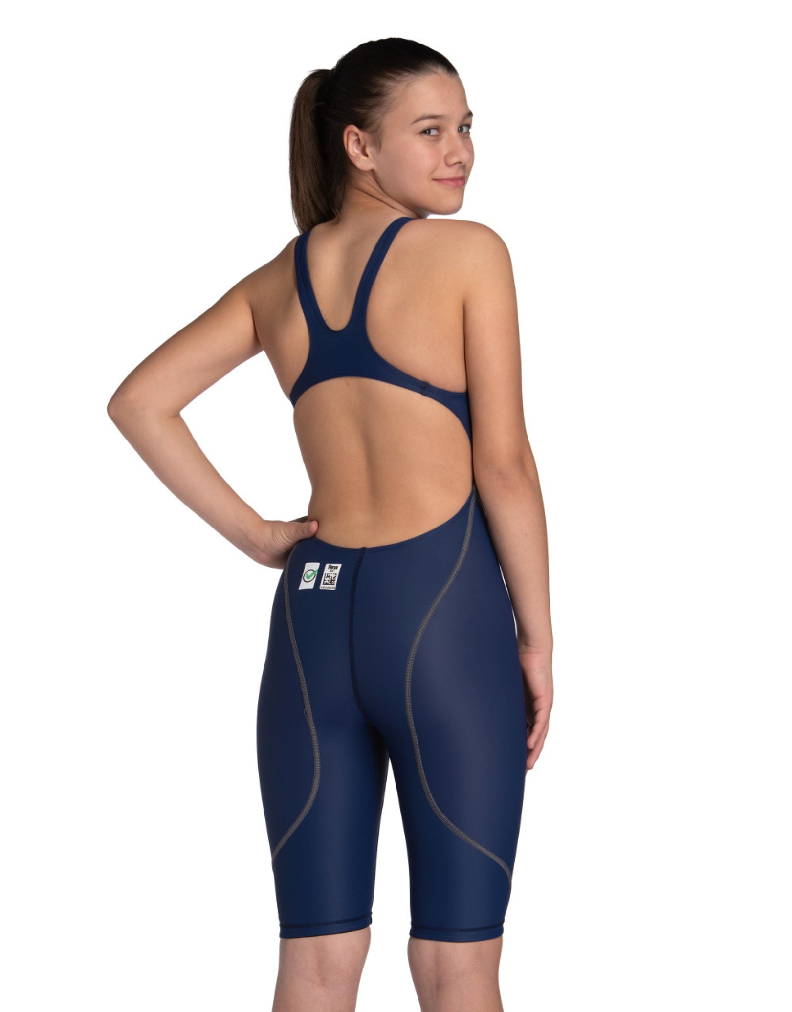Girls Powerskin ST NEXT Open Back Swimsuit - Navy Blue One-Piece Bathing Suit for Kids - Perfect for Swimming Lessons, Beach Vacations & Pool Parties