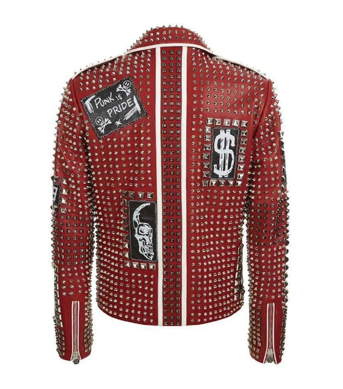 Men's Cafe Racer Studded Biker Punk Motorcycle Leather Jacket - Red Brando Style with Spikes | Perfect for Motorcycle Riding, Rock Concerts & Punk Fashion