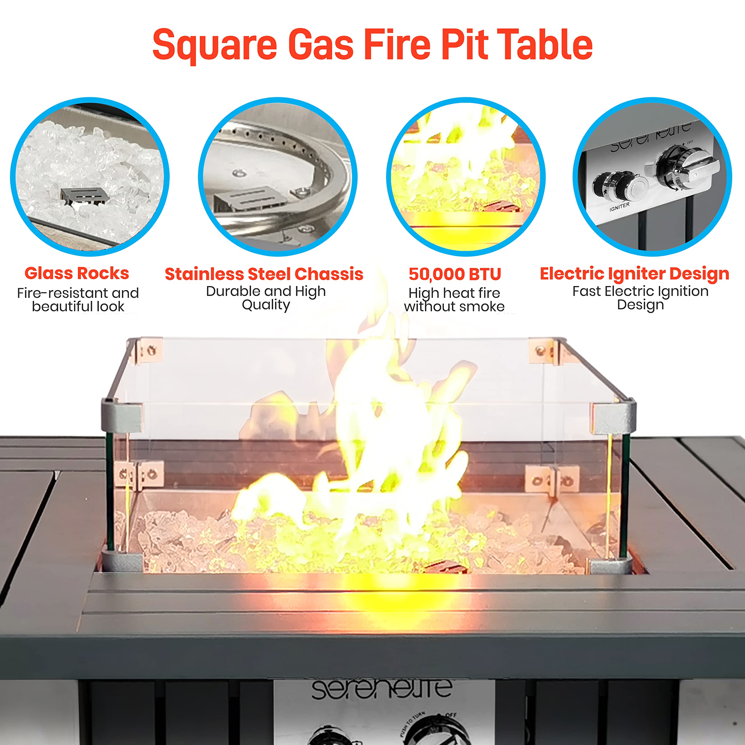 SereneLife Outdoor Propane Fire Pit Table - CSA/ETL Certified 50,000 BTU Square Gas Fire Table with Adjustable Flame, Pulse Ignition & Weatherproof Design - Includes Glass Wind Guard & Fire Glass Rocks - Perfect for Patio, Backyard, Deck & Outdoor Gatherings - SLFPX69