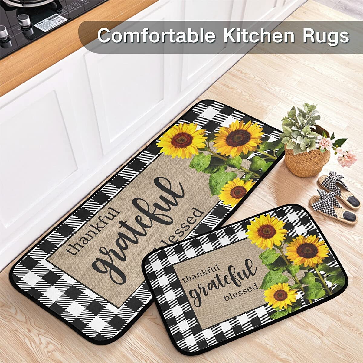 DOMIKING Non-Slip Sunflower Kitchen Rugs - 2 Pack Buffalo Plaid Foam Floor Mats for Farmhouse Decor, Anti-Fatigue Standing Mats for Cooking & Dishwashing Areas - Waterproof Kitchen Accessories for Sink & Counter Use