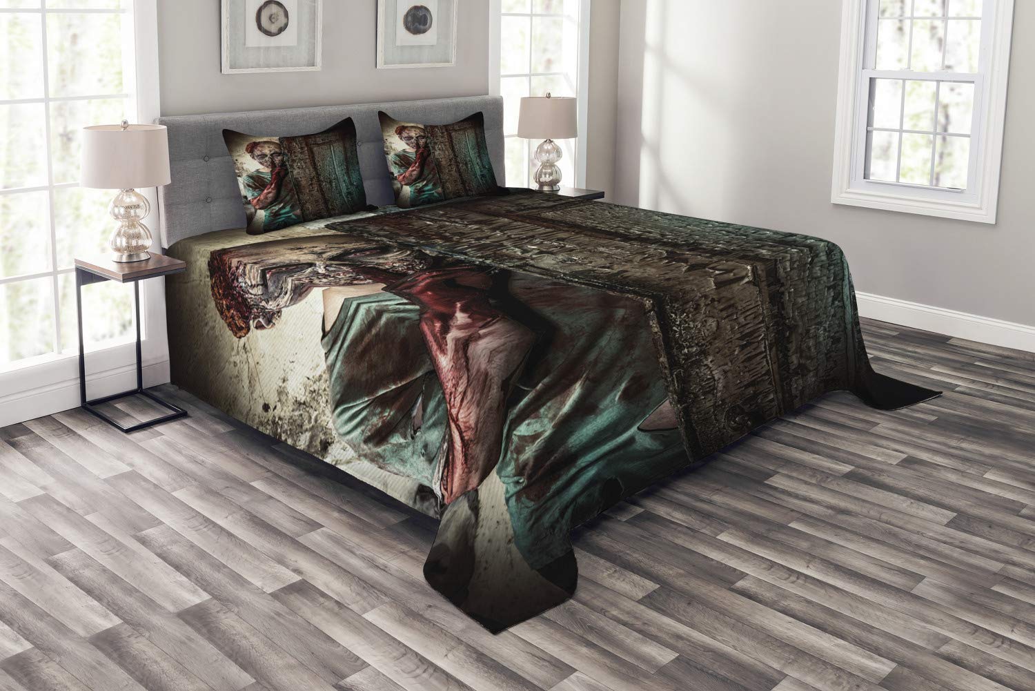 Ambesonne Zombie Bedspread Set - Modern Monster Print with Evil Eyes, 3-Piece Bedding (Coverlet + 2 Pillow Shams), Queen Size, Umber Teal Tan - Perfect for Halloween Decor, Horror Theme Bedroom & Gothic Home Decor
