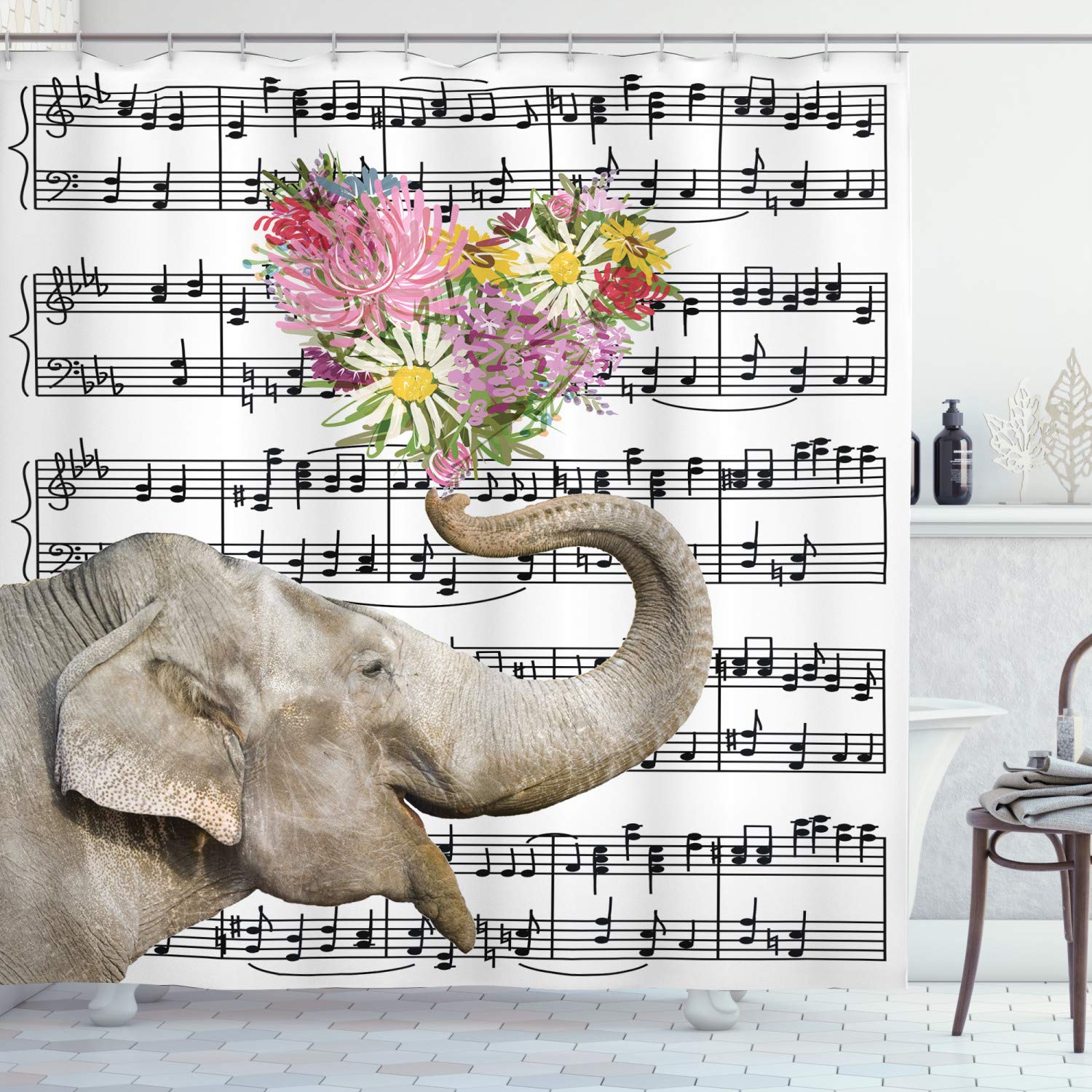 Ambesonne Elephant Shower Curtain - Large Floral Heart Trunk Elephant Design with Musical Notes, 69x75 Inch Waterproof Fabric Bathroom Decor Set with Hooks, Multicolor - Perfect for Kids' Bathroom, Nursery, or Jungle-Themed Home Decor
