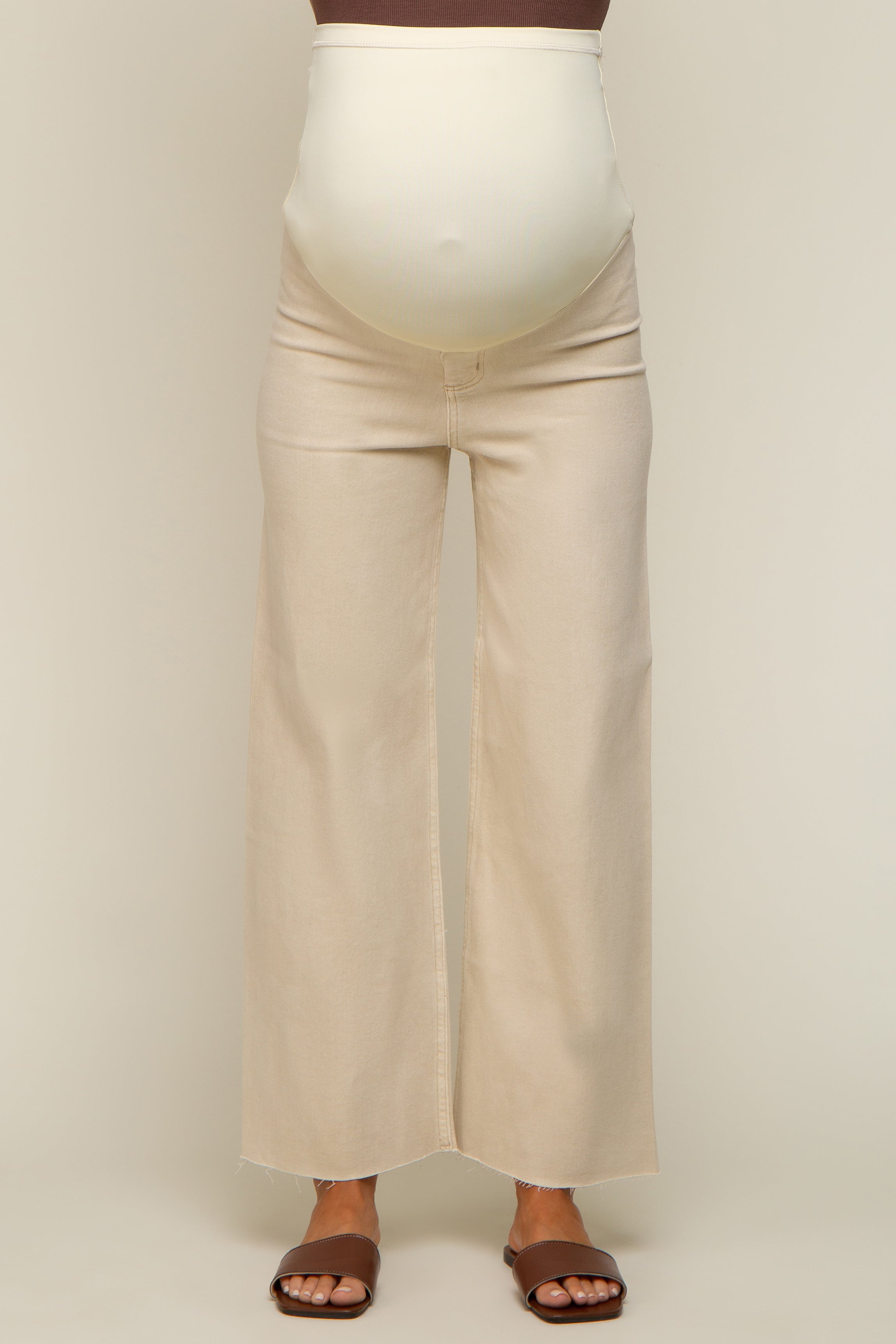 Beige Raw Hem Wide Leg Maternity Jeans - Comfortable Stretch Denim Pants for Pregnant Women | Perfect for Casual Wear, Work & Everyday Outfits