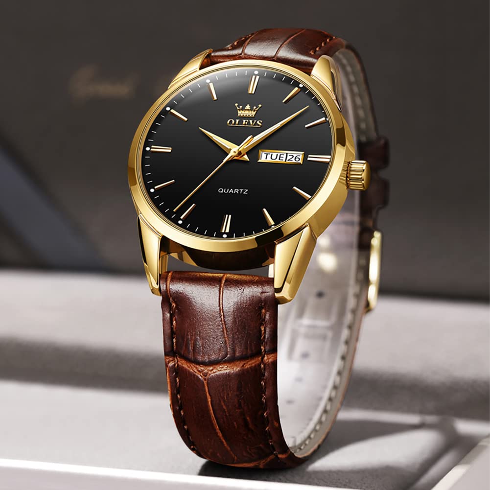 OLEVS Men's Brown Leather Watch - Rose Gold Quartz, Waterproof, Luminous for Daily Wear & Dress
