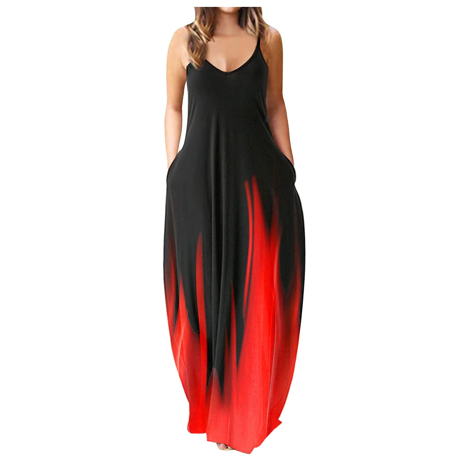 Jaqqra Women's Floral Summer Maxi Dress - O Neck Spaghetti Strap Loose Sundress with Pockets | Casual Beach Wear, Vacation Outfit, Party Dress, Boho Chic Style