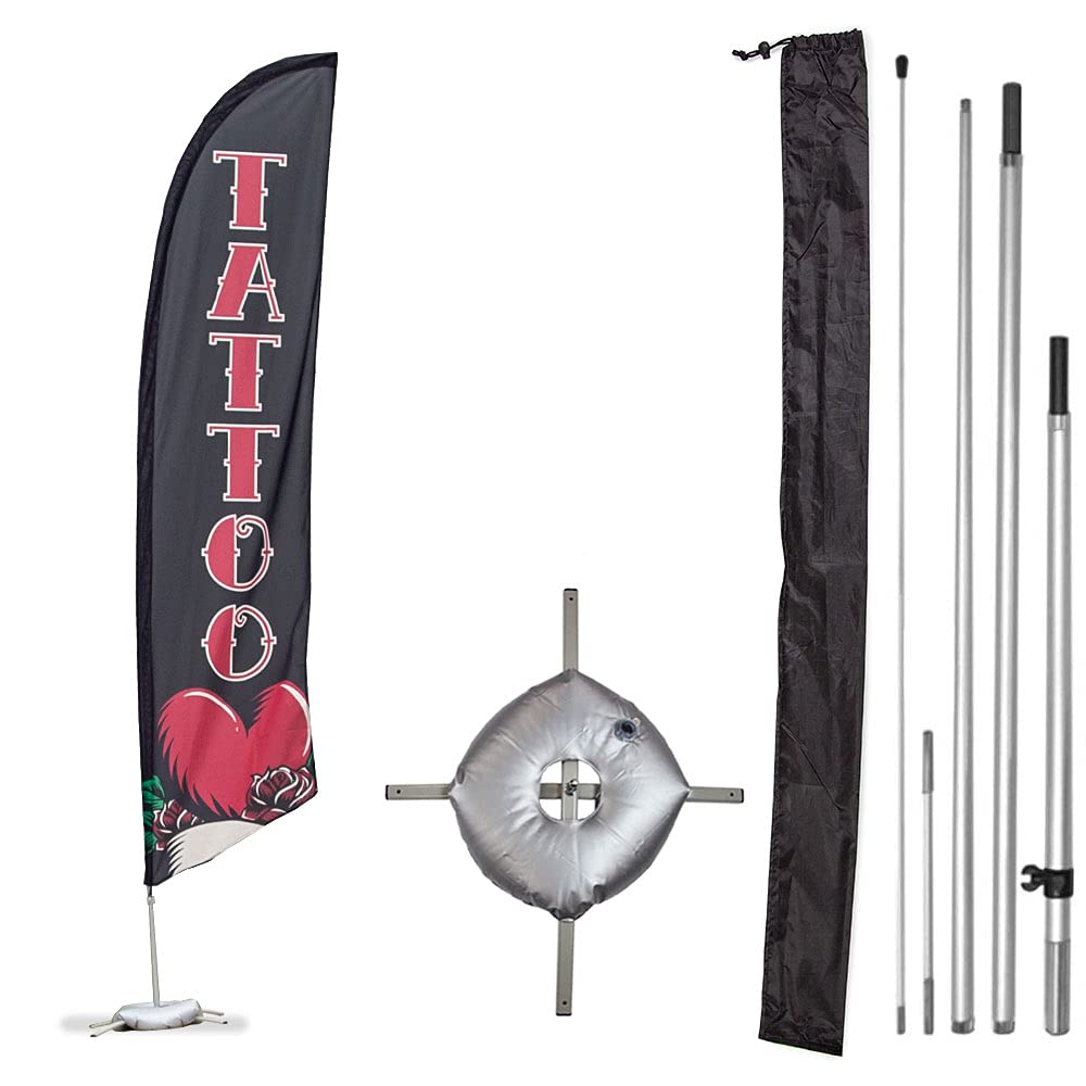 Vispronet Premium Tattoo Feather Flag Kit - 13ft Aviation Grade Fiberglass Poles with Tattoo Flag, Cross Base, Weight Bag & Pole Sleeve | Perfect for Tattoo Parlor Advertising, Street Marketing & Outdoor Events