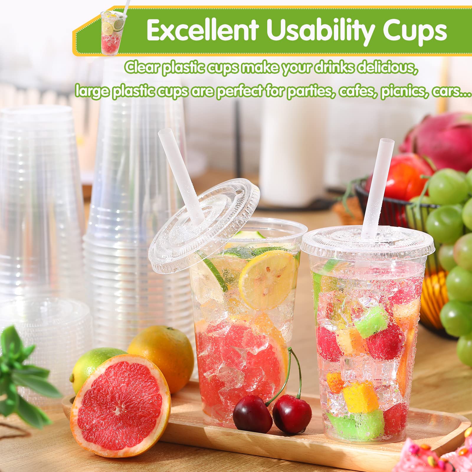 300 Pcs 32 oz Clear Plastic Cups with Lids & Straws - Disposable Coffee Cups with Flat Lids & Straw Slot - Perfect for Iced Cold Drinks, Bubble Tea, Smoothies, and Party Beverages