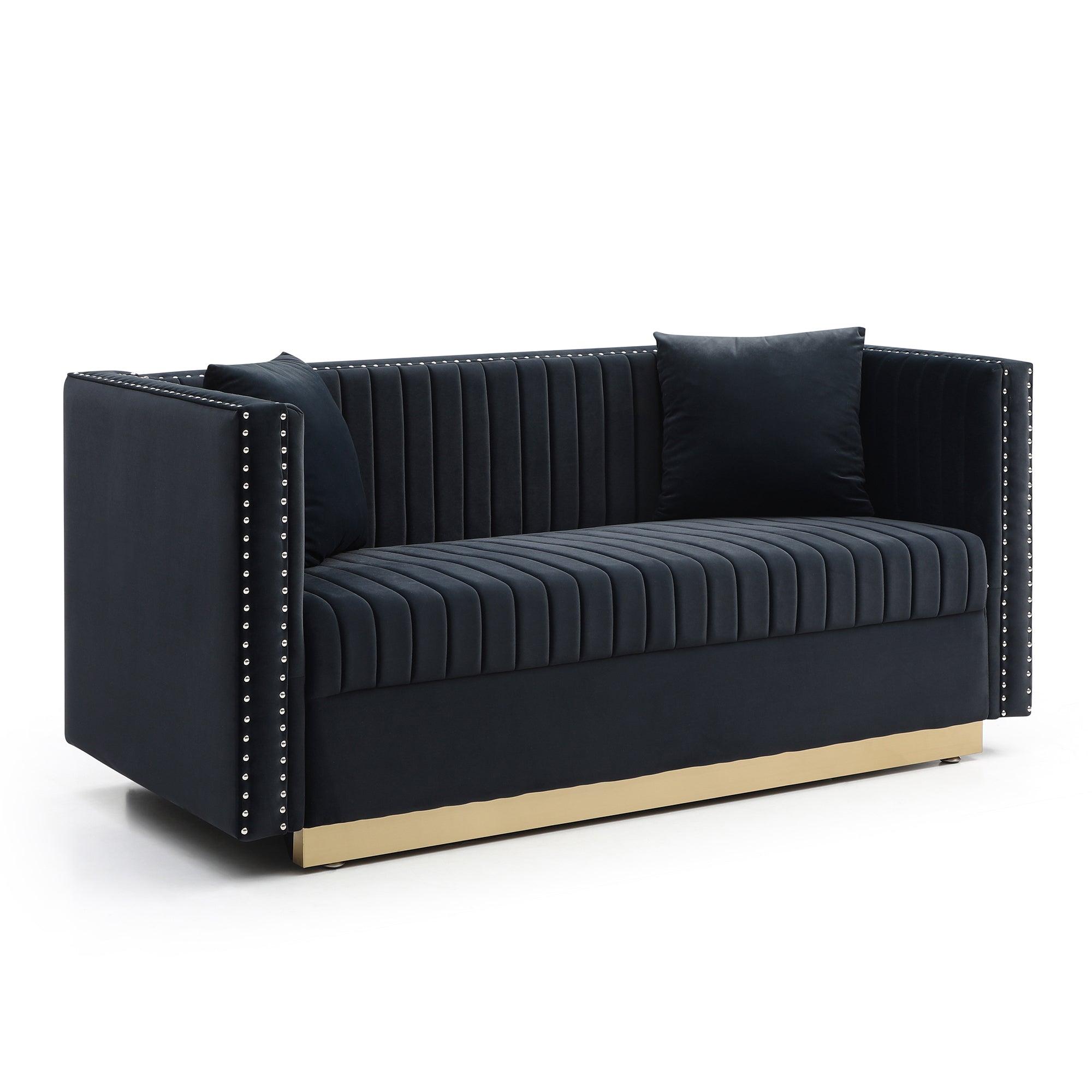 Modern Velvet Loveseat Sofa - Contemporary Upholstered 2-Seater Couch with Tufted Back and 2 Pillows for Living Room, Apartment - Black | Perfect for Small Spaces, Cozy Reading Nook & Lounge Area