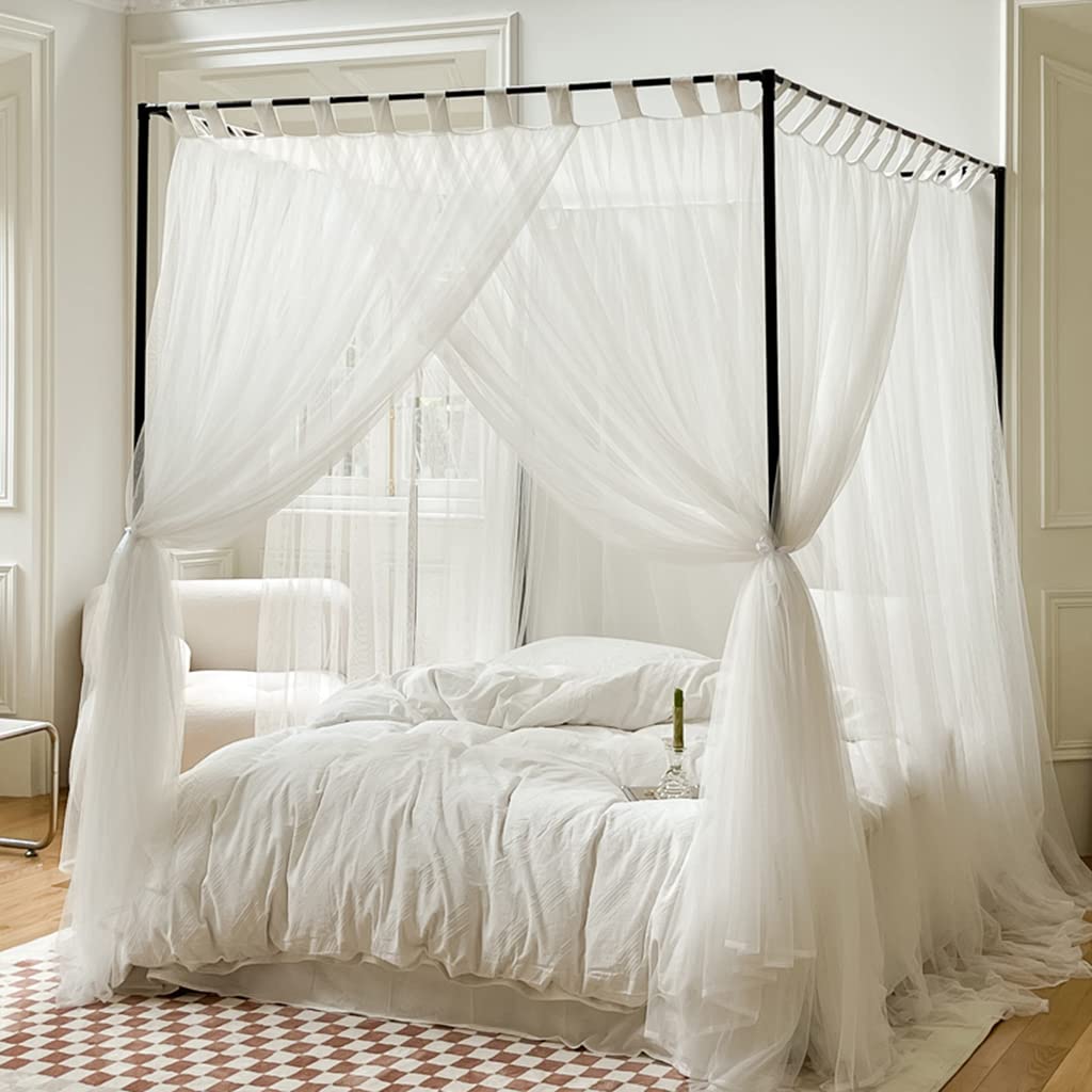 Elegant Luxury 4 Corner Post Mosquito Net for Full Size Bed - White Bed Canopy for Romantic Bedroom Decor & Insect Protection