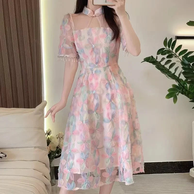 Elegant Sweet Spring Pink Mesh Party Long Dress for Women - Ruffled Collar Embroidery Floral Beaded Tassel Short Sleeve Formal Gown | Perfect for Evening Parties, Weddings & Special Occasions