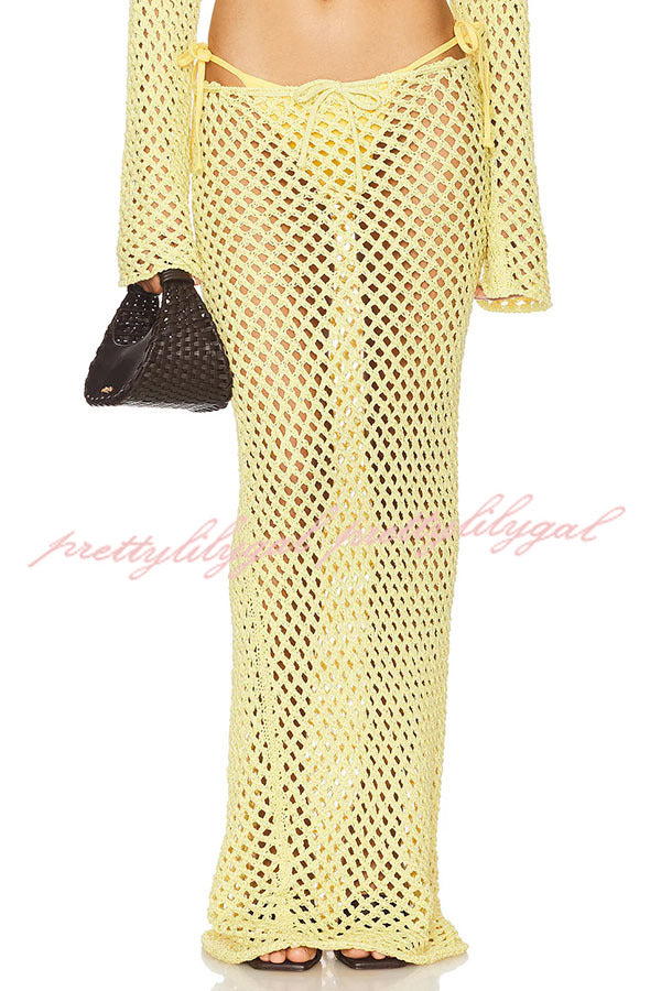 At The Coast Women's Knit Hollow Out Long Sleeve Crop Top & Drawstring Low Rise Maxi Skirt Set | Beach Vacation Outfit, Summer Boho Fashion, Seaside Date Night