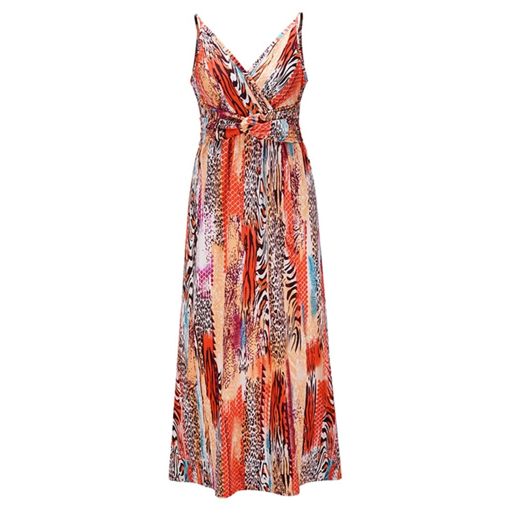 Junf Women's Summer Maxi Dress - Elegant Boho V-Neck Sleeveless Flowy Floral Midi Long Ruffle Sundress for Beach, Vacation & Outdoor Parties
