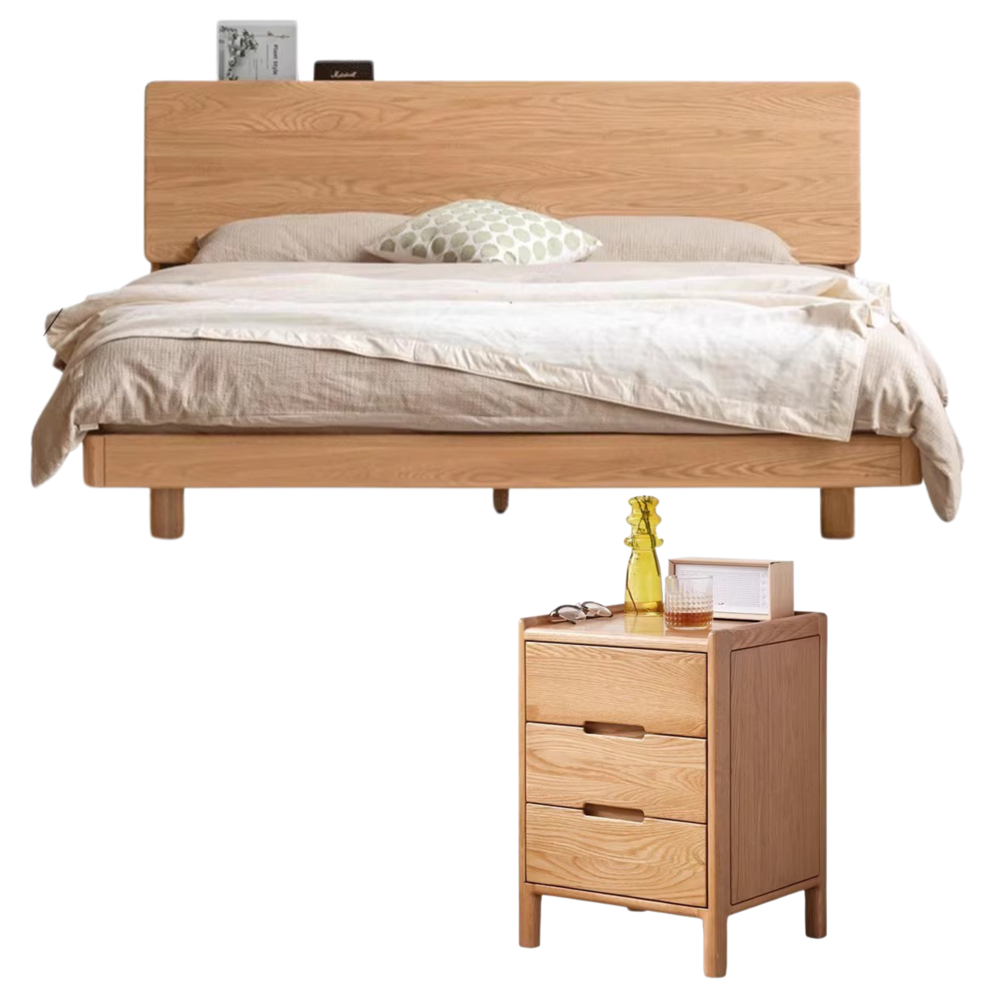 Solid Oak Wood Modern Floating Bed Frame - Queen Size, Sturdy Platform Bed with LED Lights for Bedroom, Living Room, Guest Room