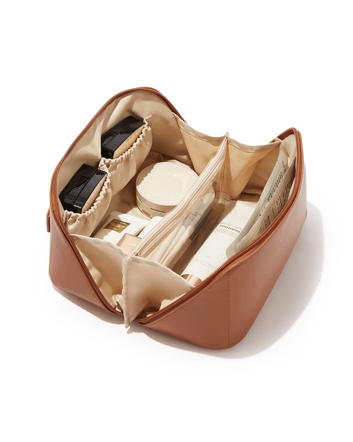 Professional Travel Makeup Bag for Women - Large Capacity Cosmetic & Toiletry Organizer (9.25x4.13x4.33 Inches, Brown) - Waterproof Wash Bag Perfect for Air Travel, Gym, Vacation & Daily Use