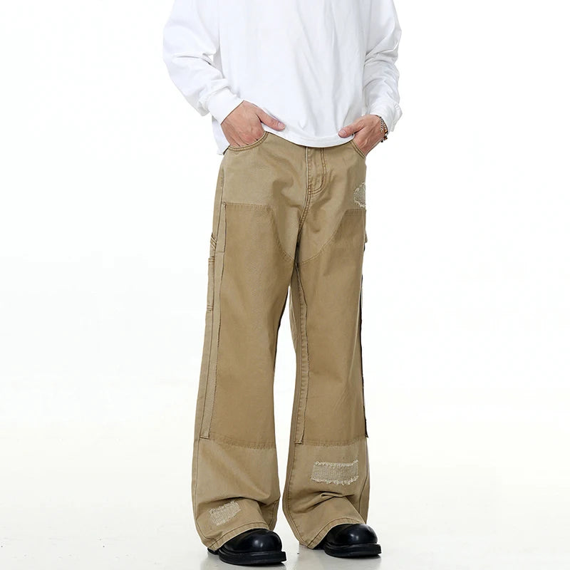 **Men's Cargo Jeans - Straight Wide Leg with Stylish Pockets | Trendy Hole & Solid Color Design | Casual Summer Bottoms for Outdoor & Streetwear | Model 9W1894**