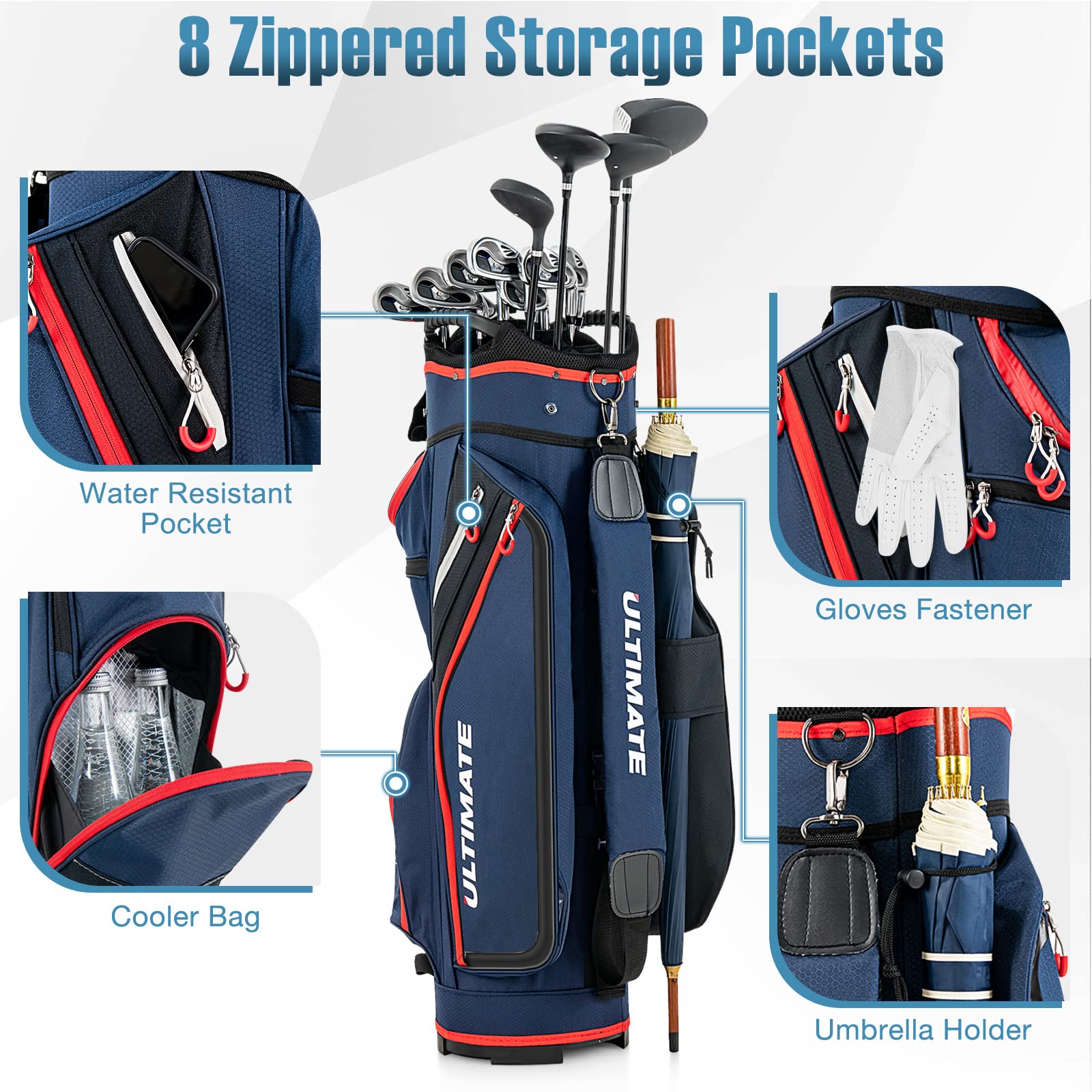 GYMAX 14-Way Divider Golf Cart Bag with Rain Hood & Cooler Pocket - Waterproof Lightweight Golf Club Bag for Men & Women - Perfect for Golf Courses, Driving Range & Travel (Navy)