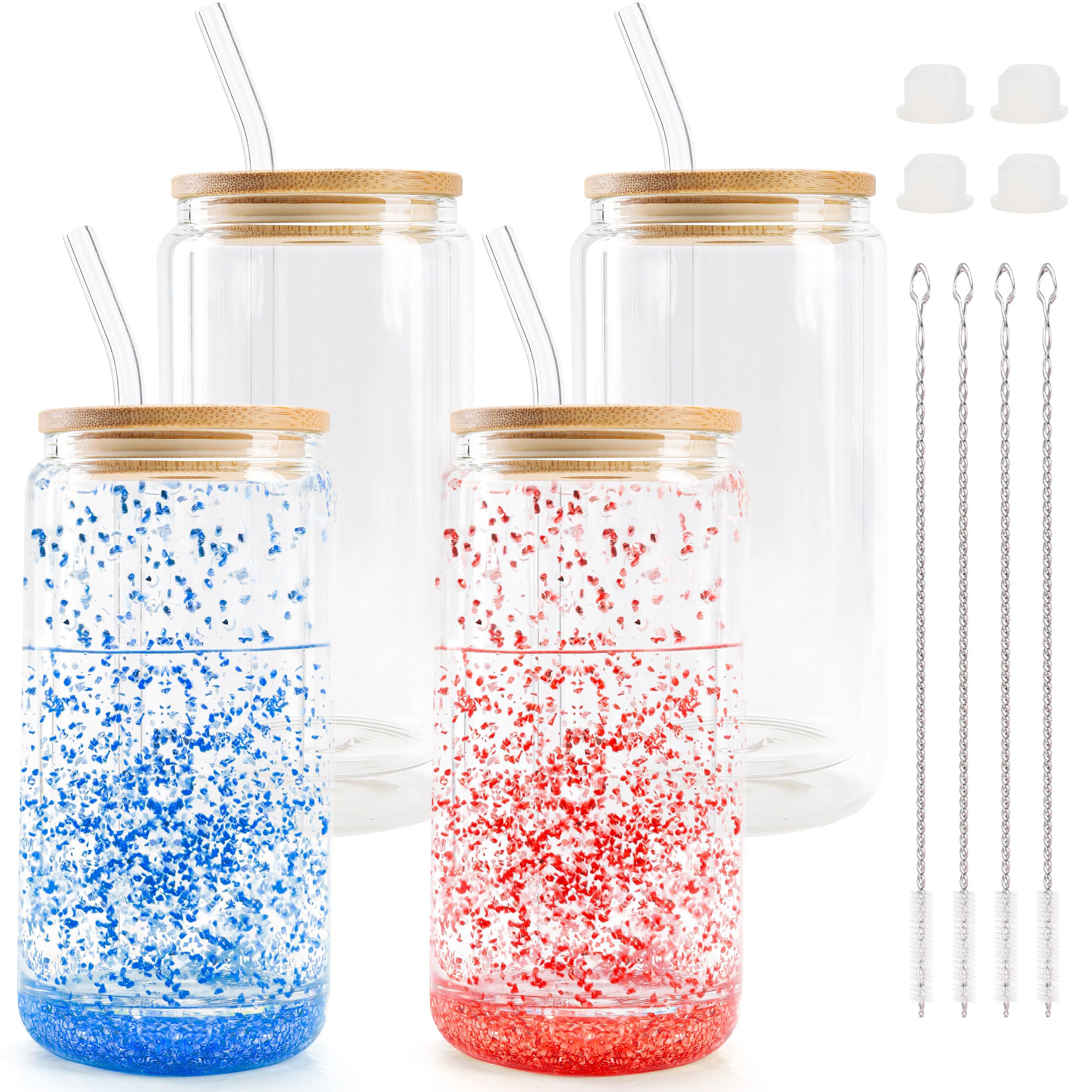Joyclub 4 Pack 16oz Snow Globe Tumbler - Pre-Drilled Beer Can Shaped Double Wall Glass Cups with Lids & Straws - DIY Glitter Snow Globe for Smoothie, Boba Tea, Cocktail - Perfect for Parties, Gifts & Home Decor