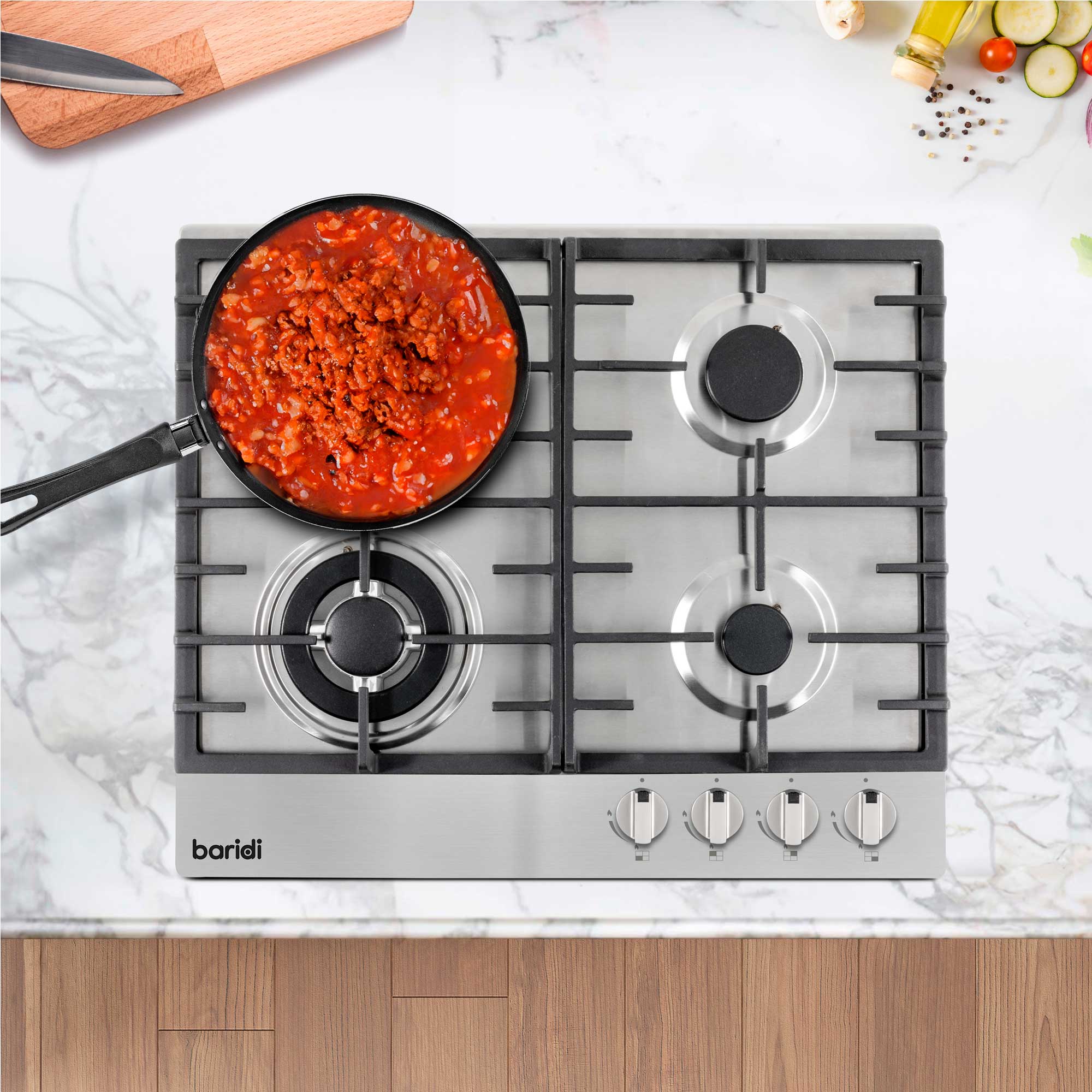 Baridi 60cm Built-In Gas Hob with 4 Burners & Cast Iron Pan Supports - Stainless Steel DH225 | Perfect for Home Kitchens & Professional Cooking