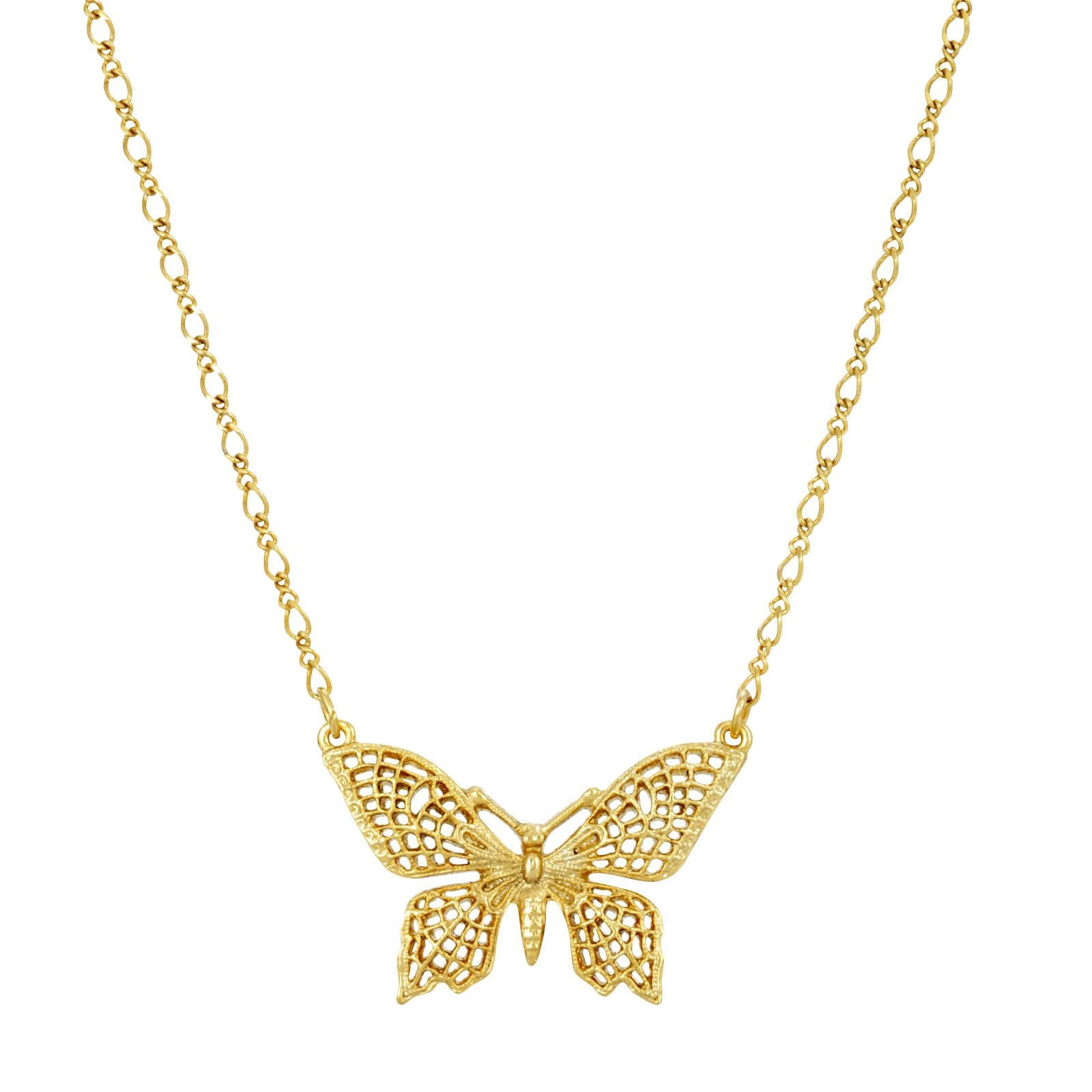 Vintage 1928 Gold Filigree Butterfly Pendant Necklace - 16
