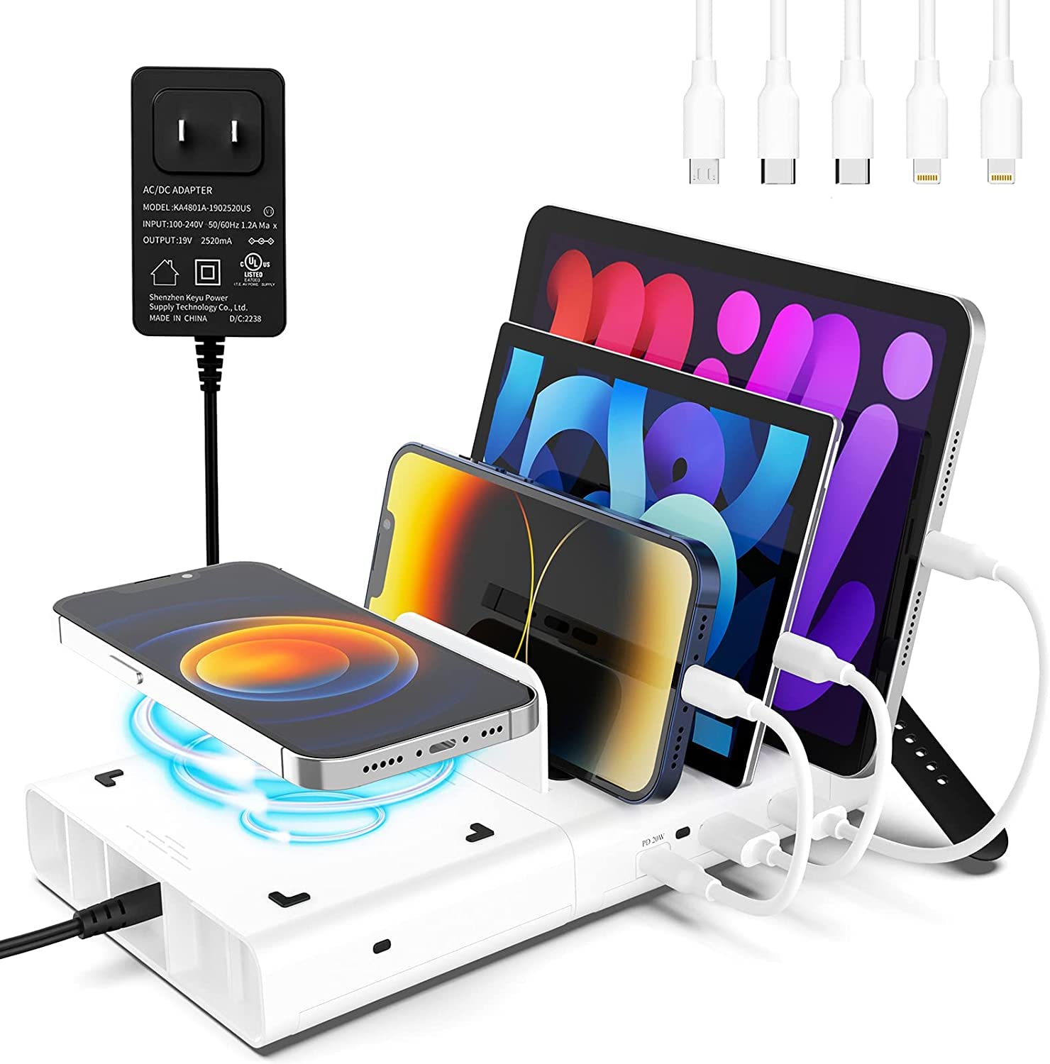 4-in-1 Fast Charging Station with 20W PD USB-C & 15W Wireless Charger - 5 Mixed Cables Included for iPhone, iPad, Samsung - Perfect for Home, Office & Travel Charging Needs
