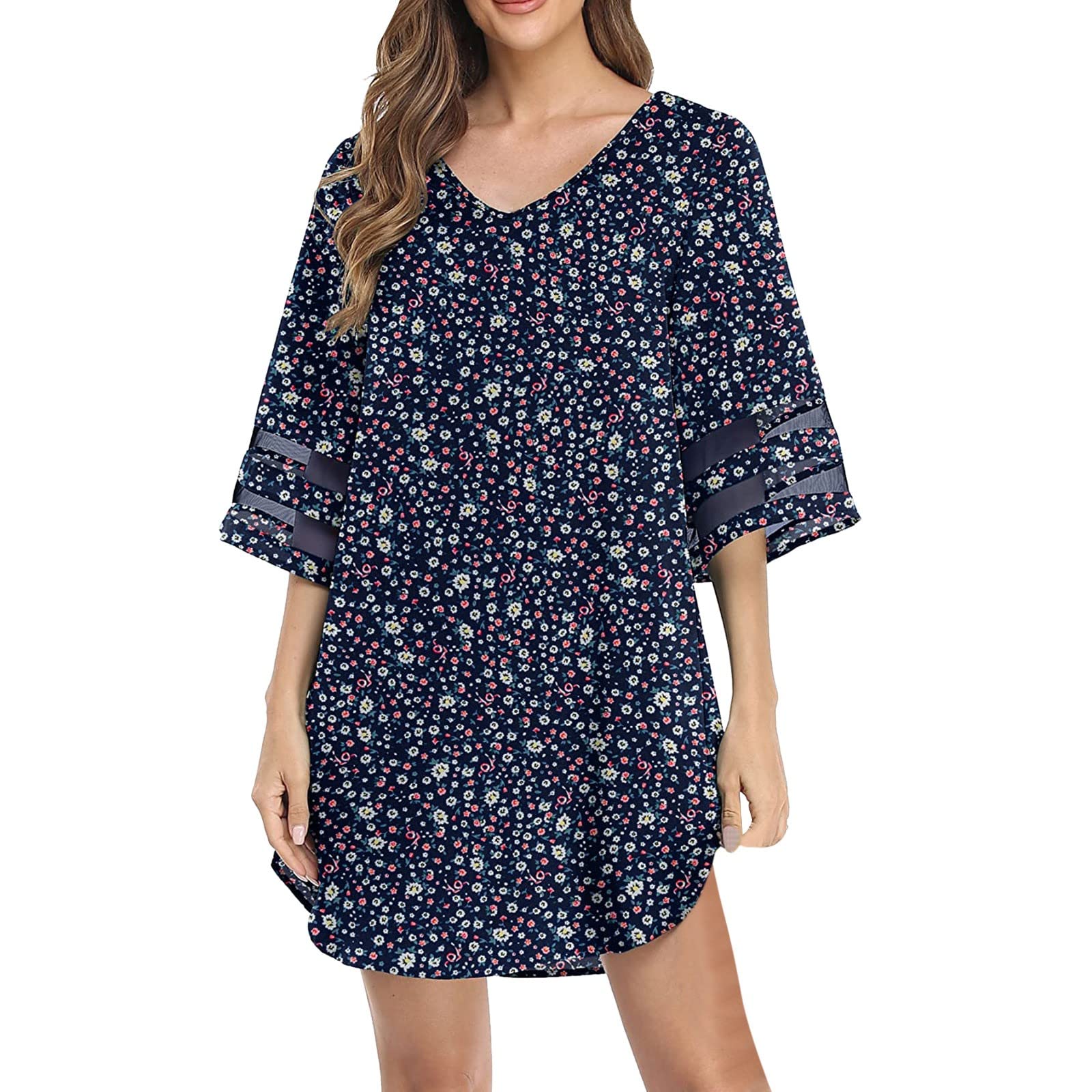 Women's Floral Chiffon Midi Dress with Bell Sleeves & V-Neck - Elegant Loose Fit Summer Dress for Casual Outings, Beach Vacations and Date Nights