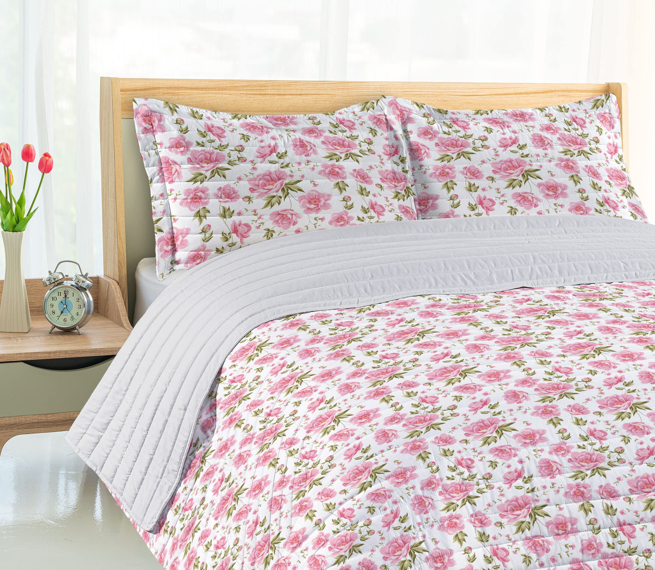 Lunarable Peonies Microfiber Bedspread Set - Queen Size Soft Bedding with Pillow Shams & Comforter in Olive Green Pink White | Shabby Chic Floral Design with Cherry Blossom Twigs | Perfect for Romantic Bedroom Decor, Summer Home Refresh & Cozy Nights