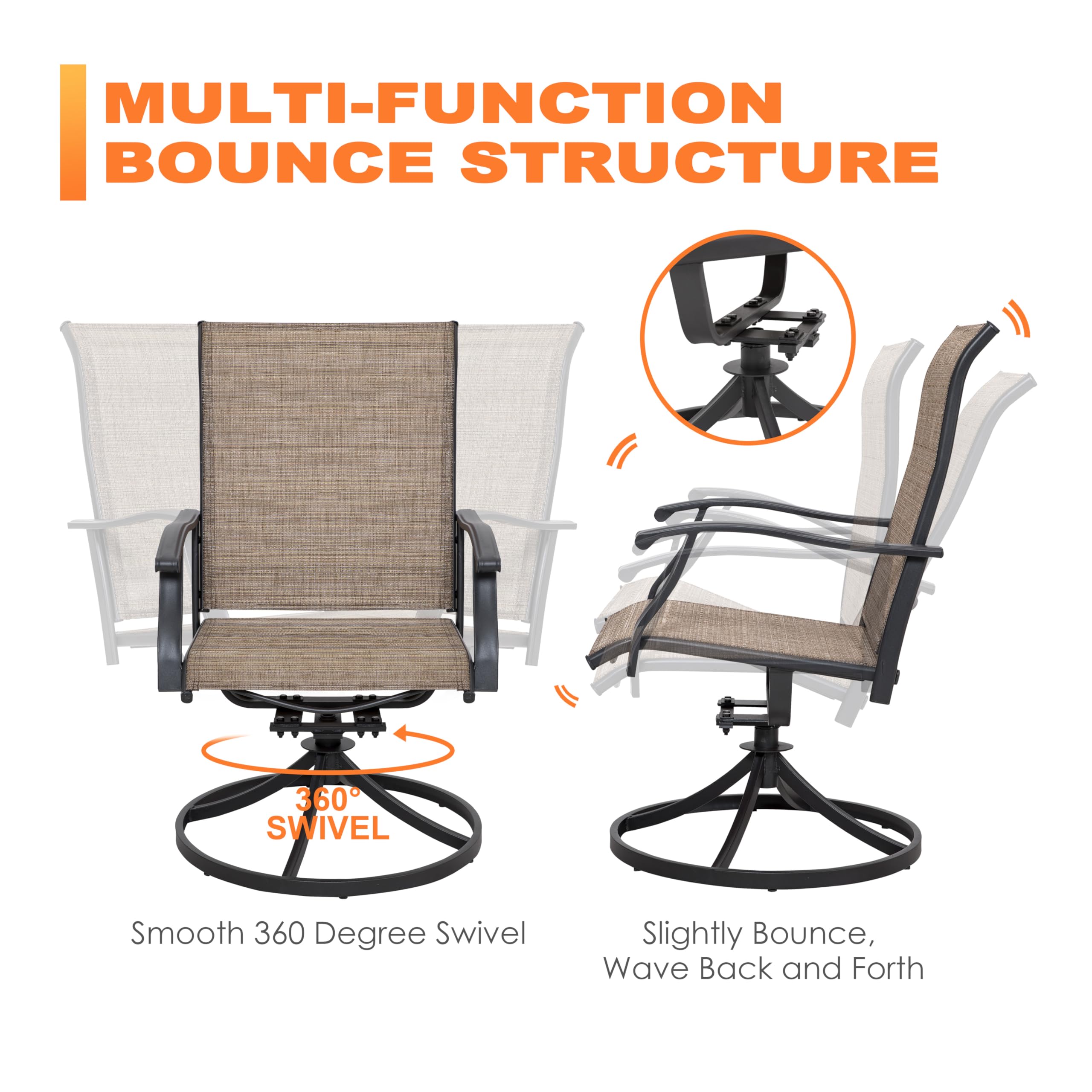 NUU GARDEN Patio Dining Chairs Set of 4 & Swivel Sling Chairs Set of 2 - All-Weather Textilene Outdoor Furniture with Iron Frame for Backyard, Lawn, Garden - Perfect for Poolside Lounging, Outdoor Dining and Patio Relaxation (Brown)