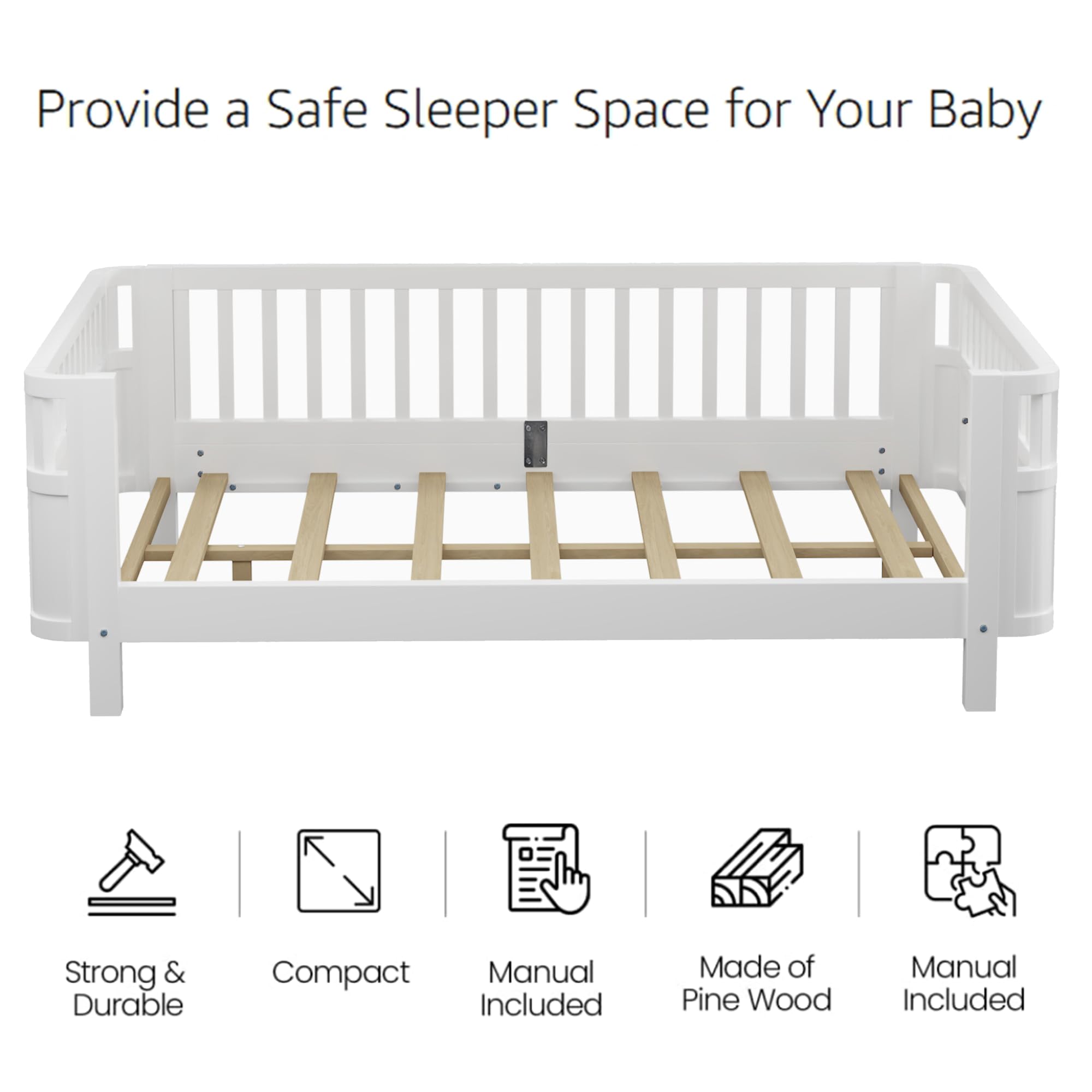 Montessori Full Size Bed with Guardrails - Solid Wood Kids Bed Frame with Slats Support - Low Profile Modern Toddler Bed with Removable Side Rails for Boys & Girls - Perfect for Bedroom, Nursery or Playroom - White
