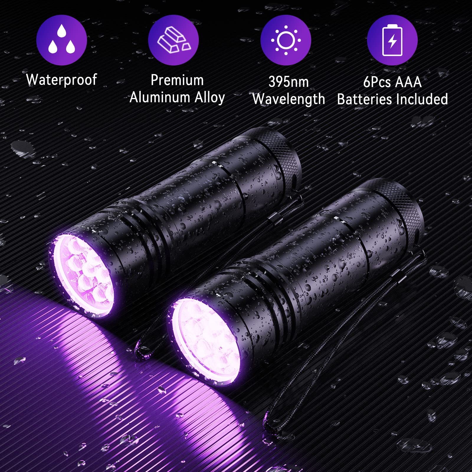 UV Flashlights 2 Pack - 12 LED 395nm Black Light Flashlight for Detecting Pet Urine & House Stains | Includes 6 AAA Batteries | Perfect for Home Inspection, Crime Scene Investigation & Nighttime Hunting