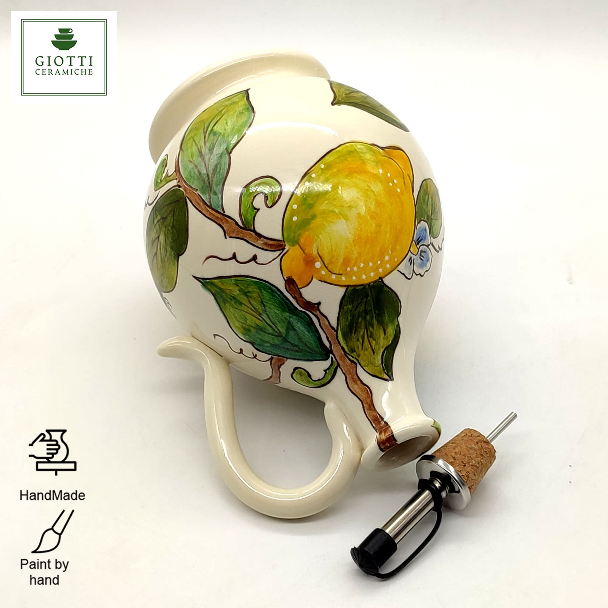 Italian Ceramic Olive Oil Dispenser Bottle XL Size 14oz - Hand Painted Tuscan Kitchen Oil Cruet with Lemon Creme Design - Authentic Italian Pottery from Tuscany - Perfect for Cooking, Salad Dressing & Gourmet Meal Presentation