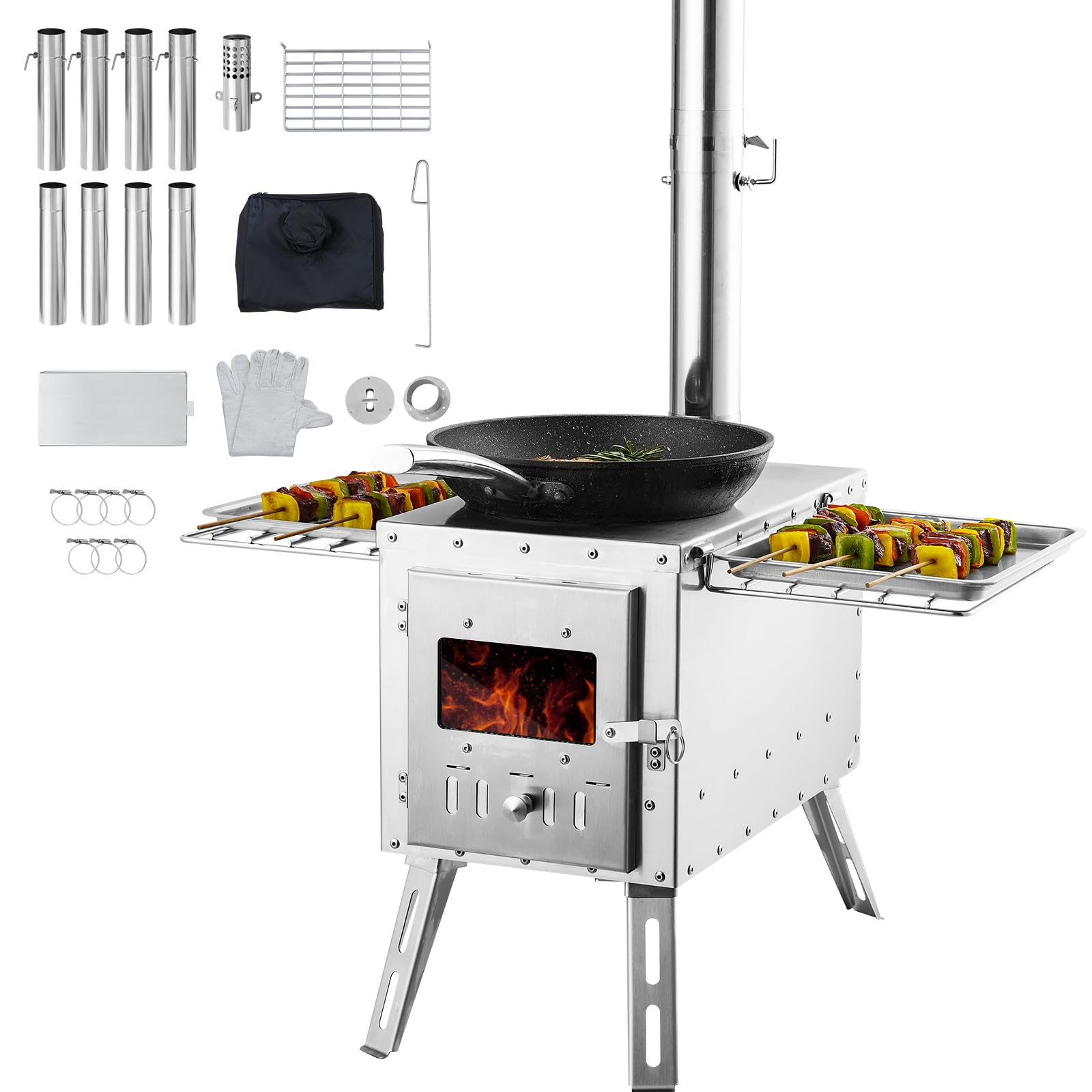 VEVOR Portable Stainless Steel Wood Burning Stove for Camping - 1646in³ Firebox with Chimney Pipes & Heat Resistant Gloves - Outdoor Tent Stove for Cooking, Heating, Survival & Bushcraft - Perfect for Hot Tents, Cabins, Hunting Trips & Emergency Preparedness