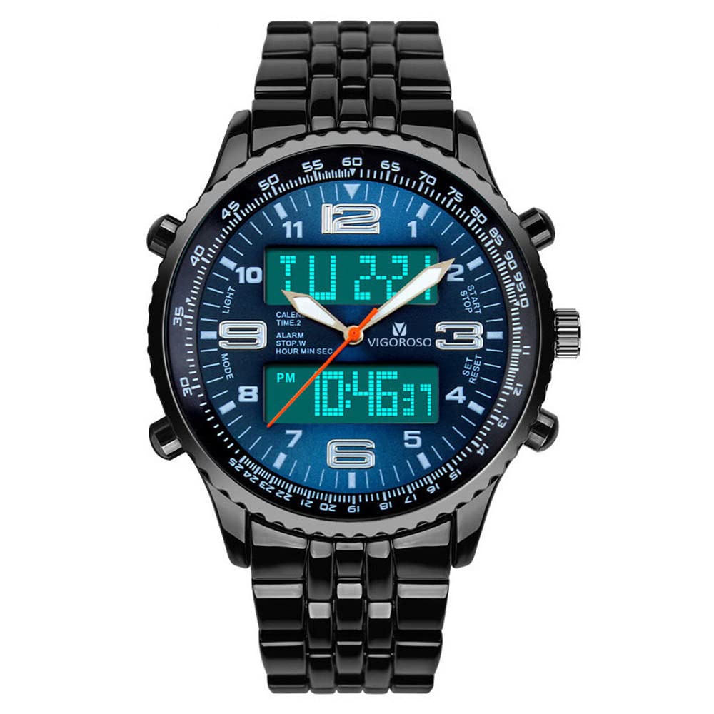 VIGOROSO Men's LED Analog Digital Sports Watch with Date & Week Display - Durable Black Steel Strap for Running, Gym & Outdoor Activities