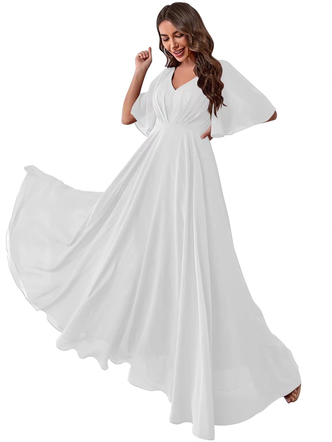 Elegant V-Neck Chiffon Bridesmaid Dresses with Pockets & Batwing Sleeves - Formal Maxi Evening Gowns for Women | Perfect for Weddings, Proms & Special Occasions