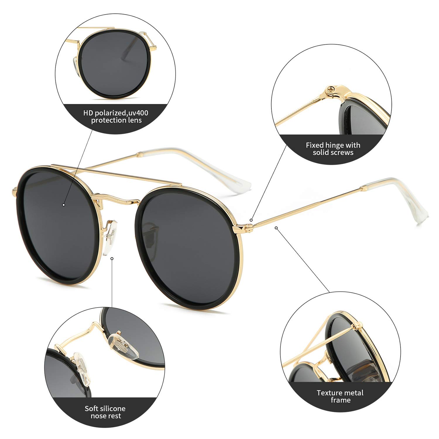 DUSHINE Polarized Round Double Bridge Sunglasses for Women & Men - 100% UV Protection - Fashionable & Lightweight for Driving, Beach, Outdoor Activities