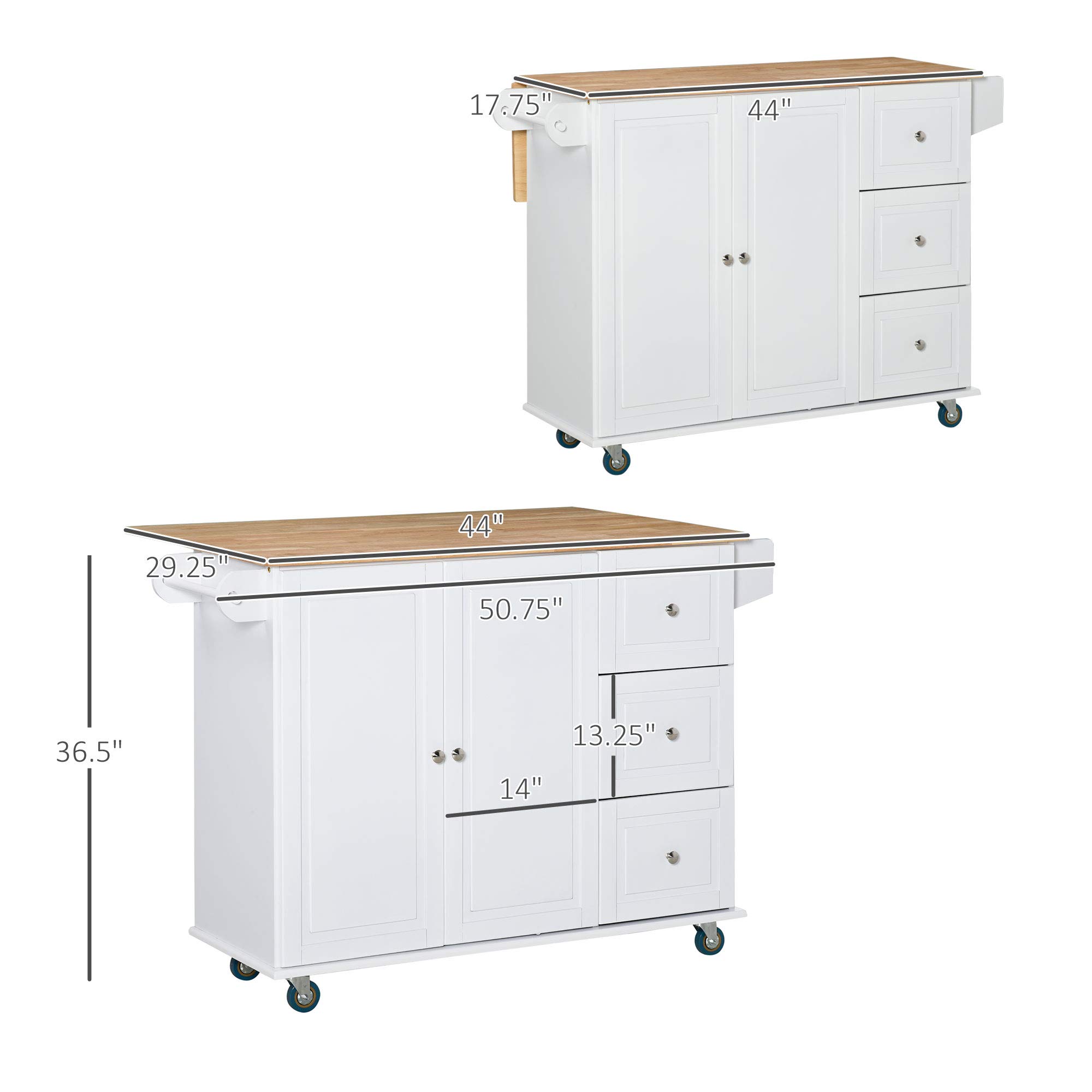 HOMCOM White Mobile Kitchen Island Cart with Drop-Leaf Top, Towel & Spice Rack, 3 Drawers & 2-Door Cabinet - Rolling Storage Trolley for Small Spaces, Apartments & Compact Kitchens