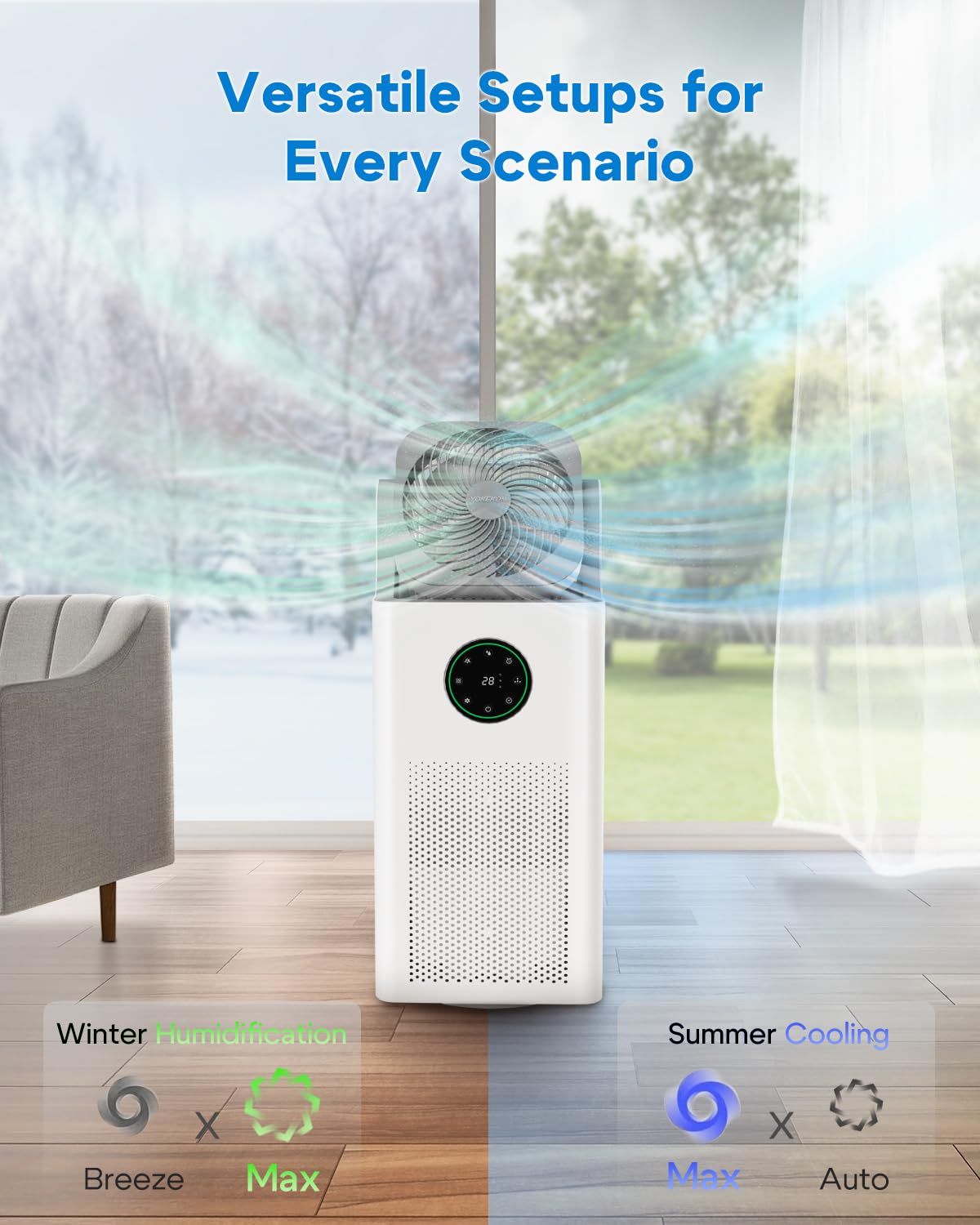 YOKEKON 4L Air Purifier and Humidifier Combo with Oscillating Fan - 2-in-1 Evaporative Humidifier for Large Rooms, Bedroom, Office - Quiet Sleep Mode, Timer Function - Ideal for Baby, Adults & Home Use (White)